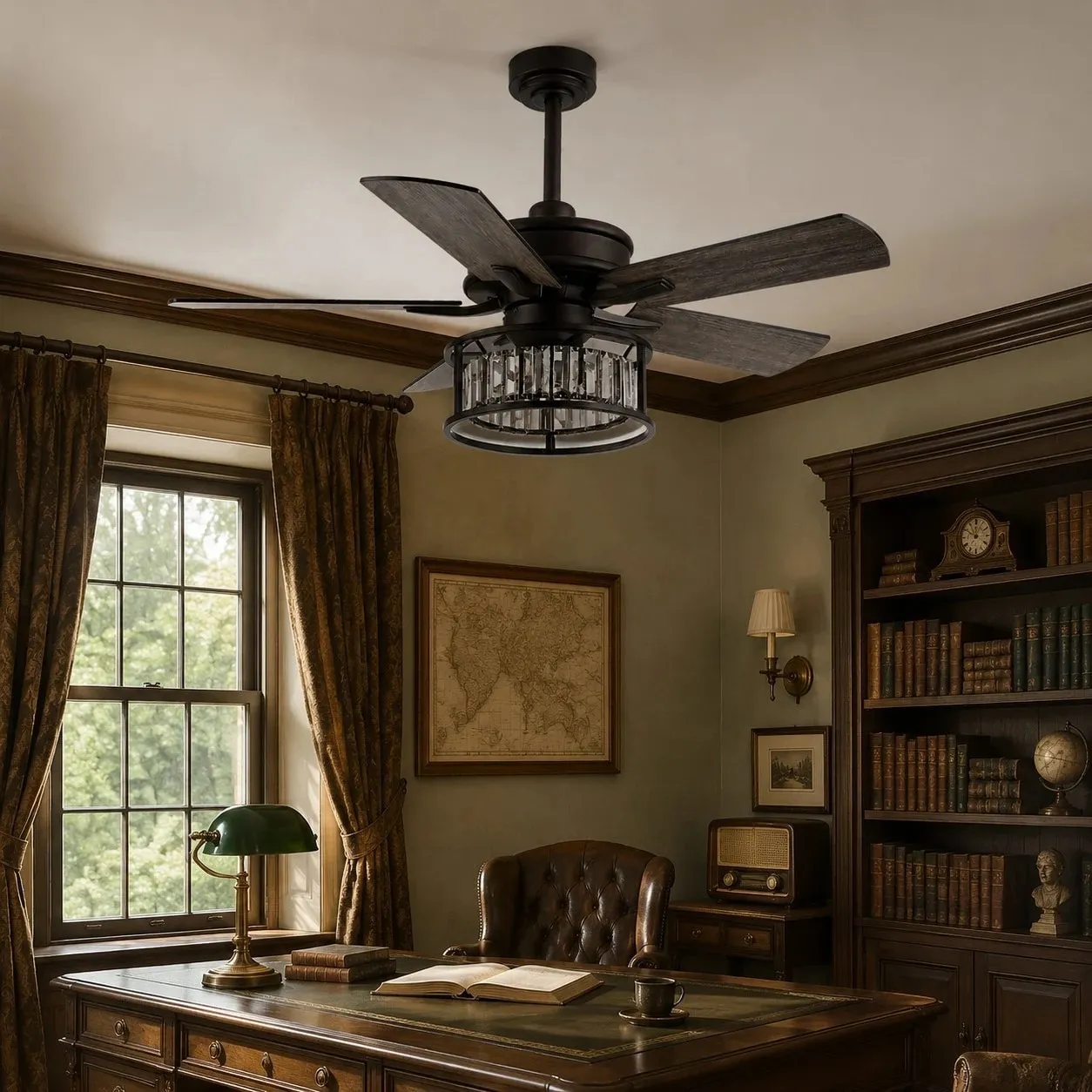 Black caged ceiling fan light in a classic library room