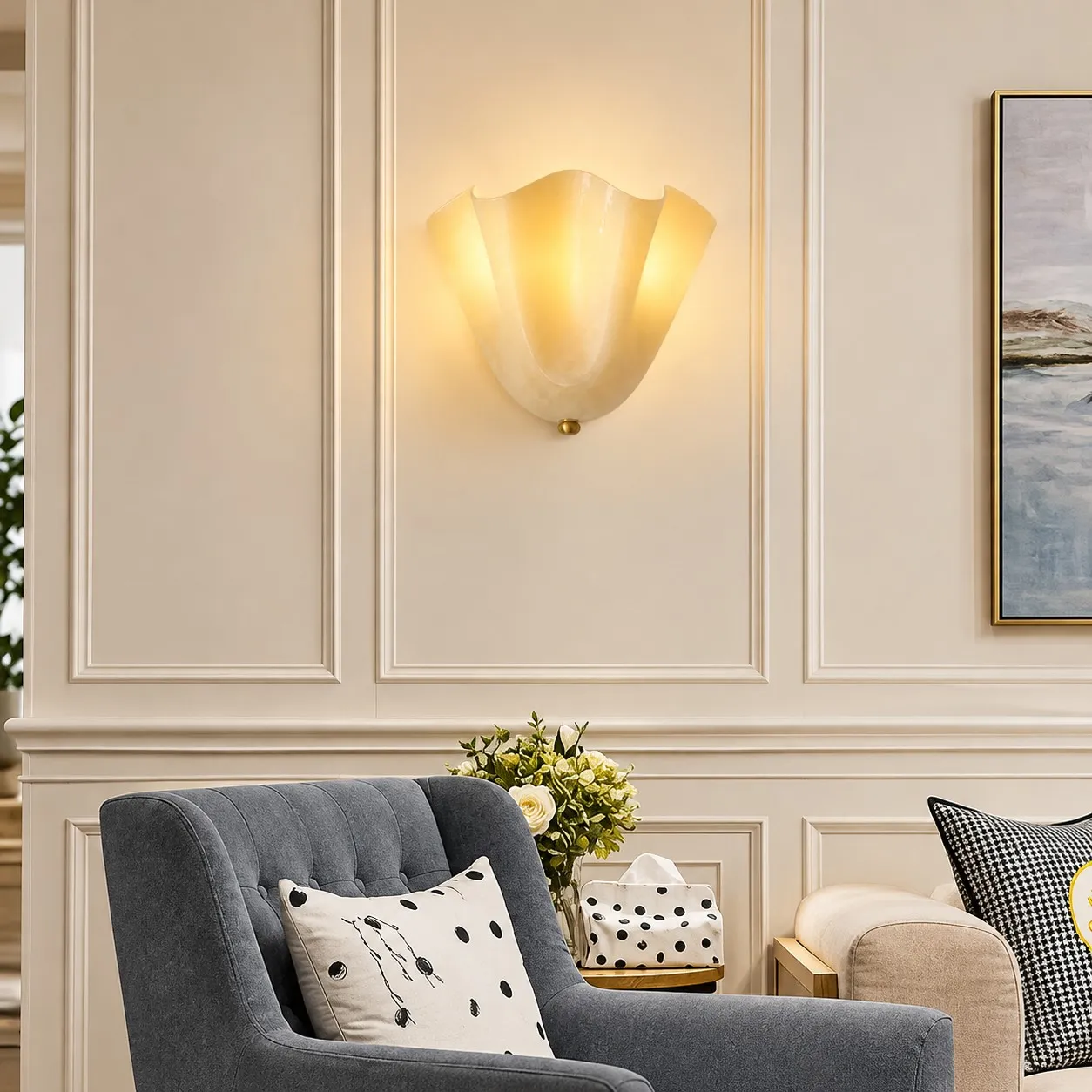 Beige seashell sconce in a living room