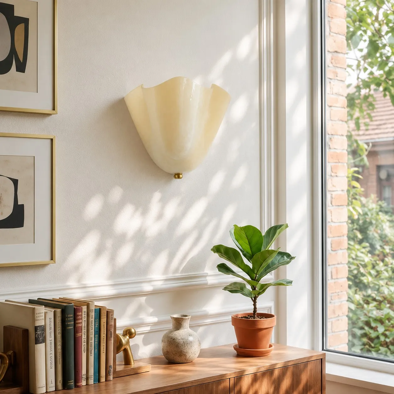 Beige seashell sconce beside a window