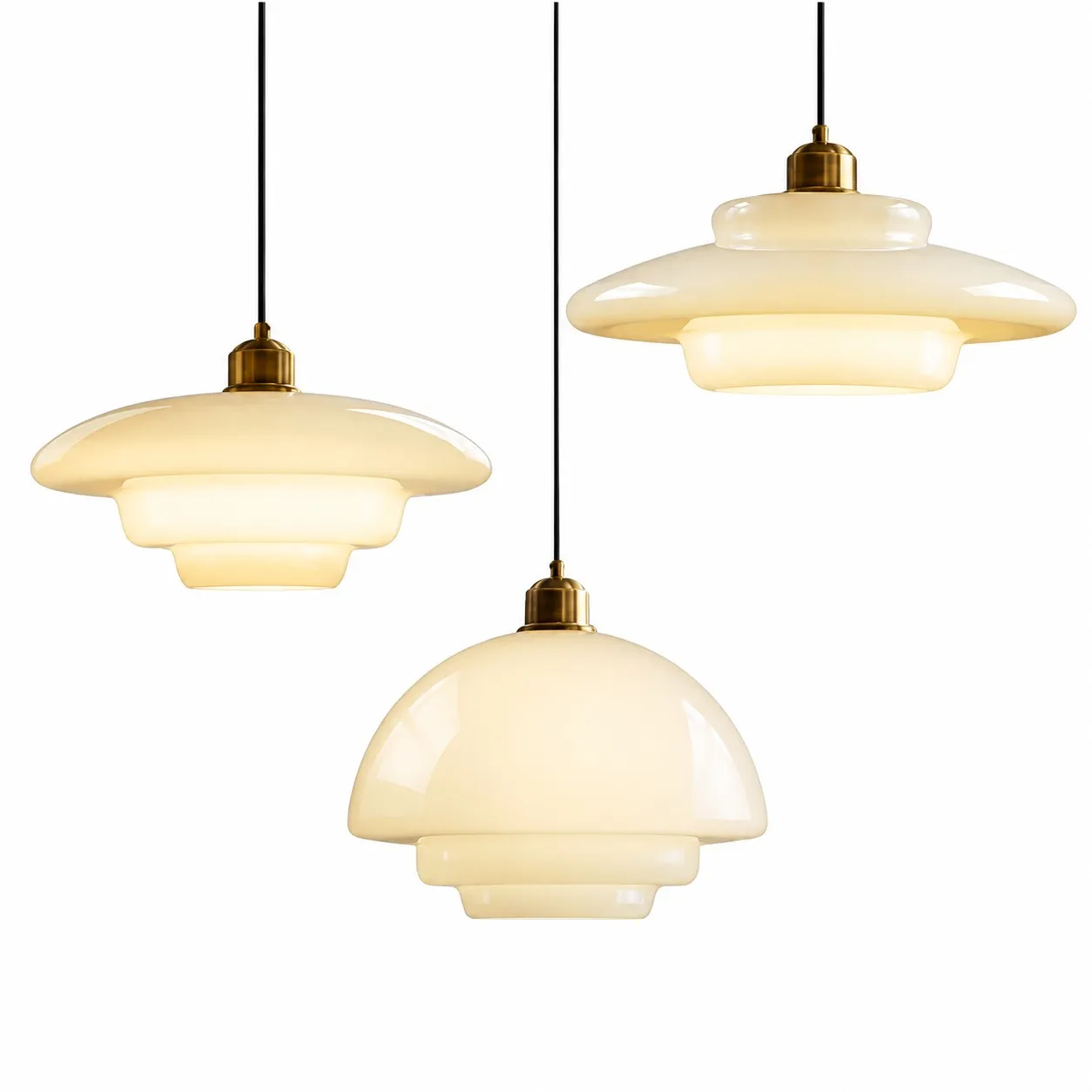 Set of three Art Deco opal glass pendant lights