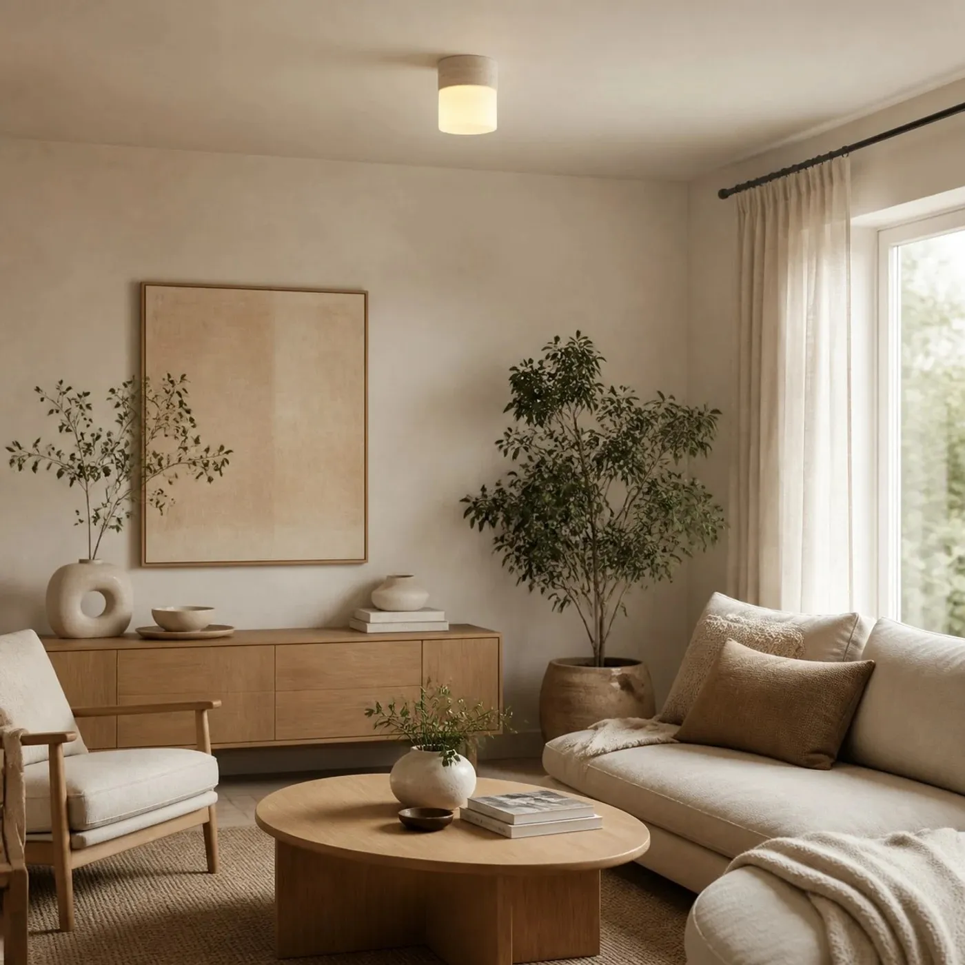 Natural stone ceiling light above a console and seating corner