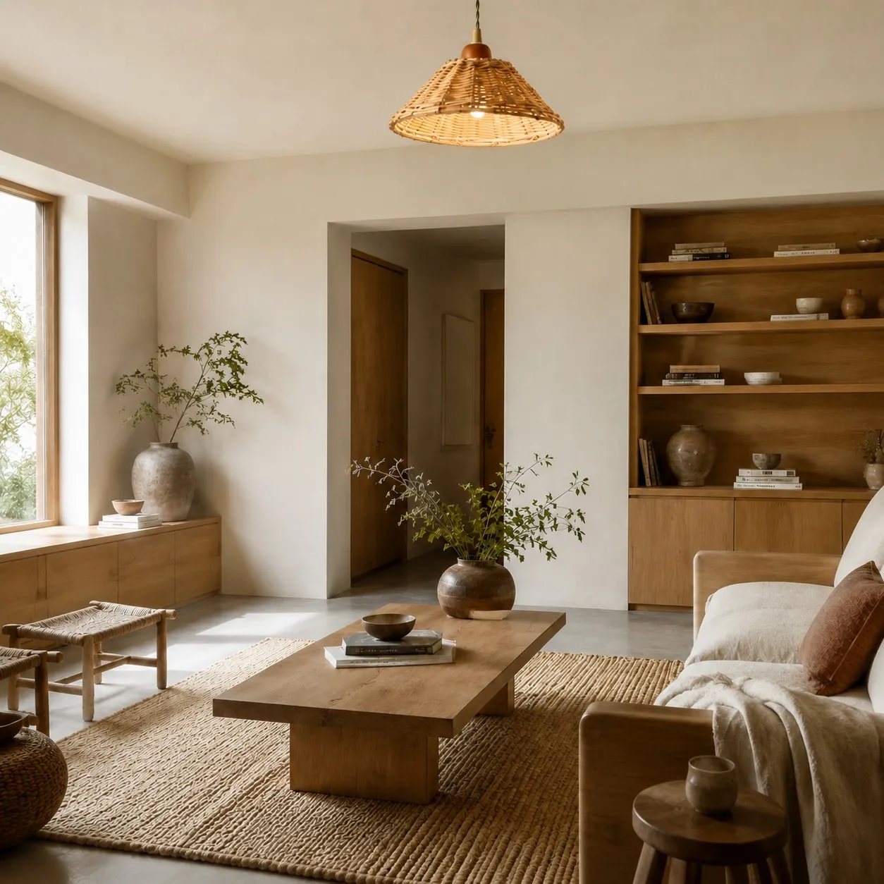 Woven rattan pendant lamp above a warm neutral lounge area