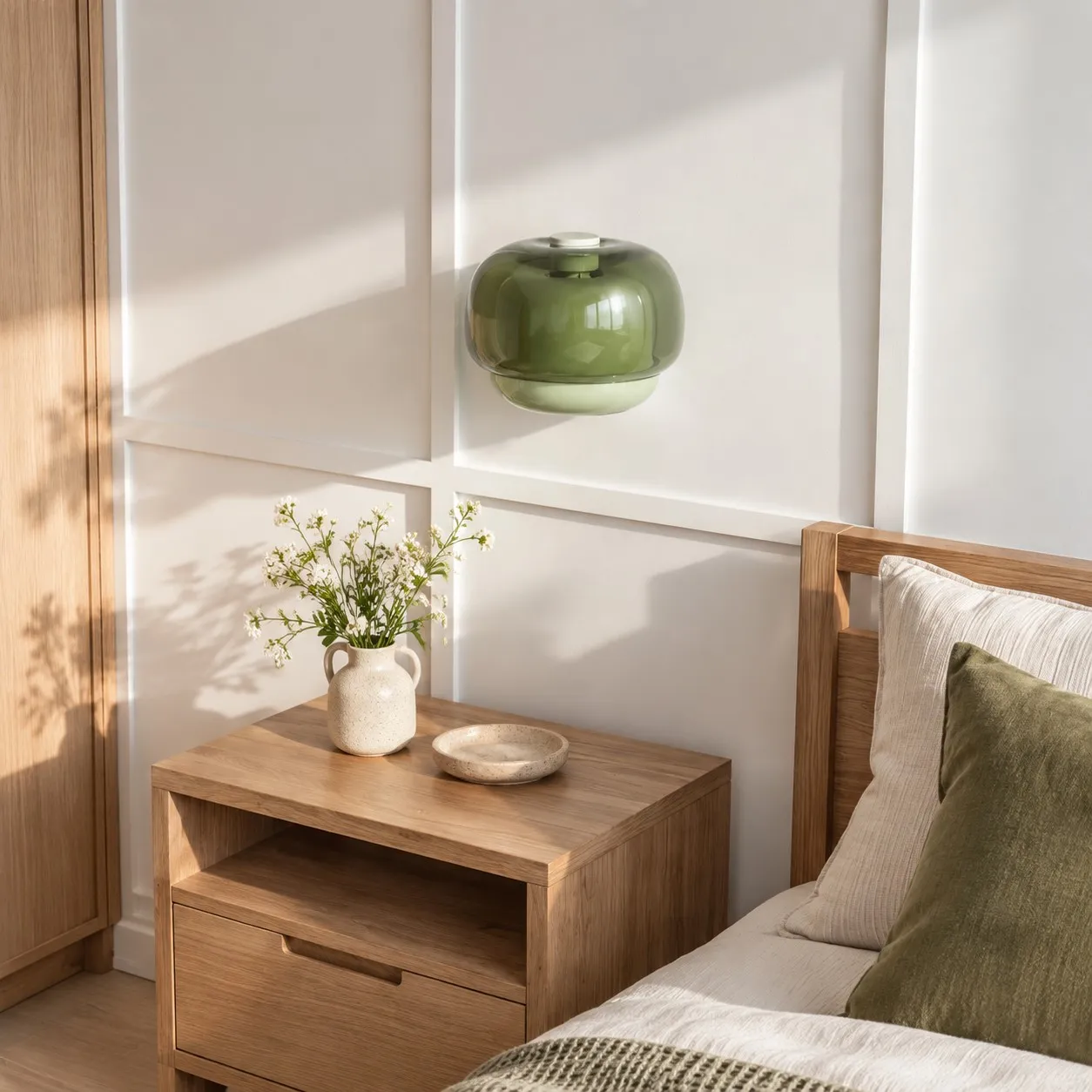 Orvenis green wall light in a bedroom
