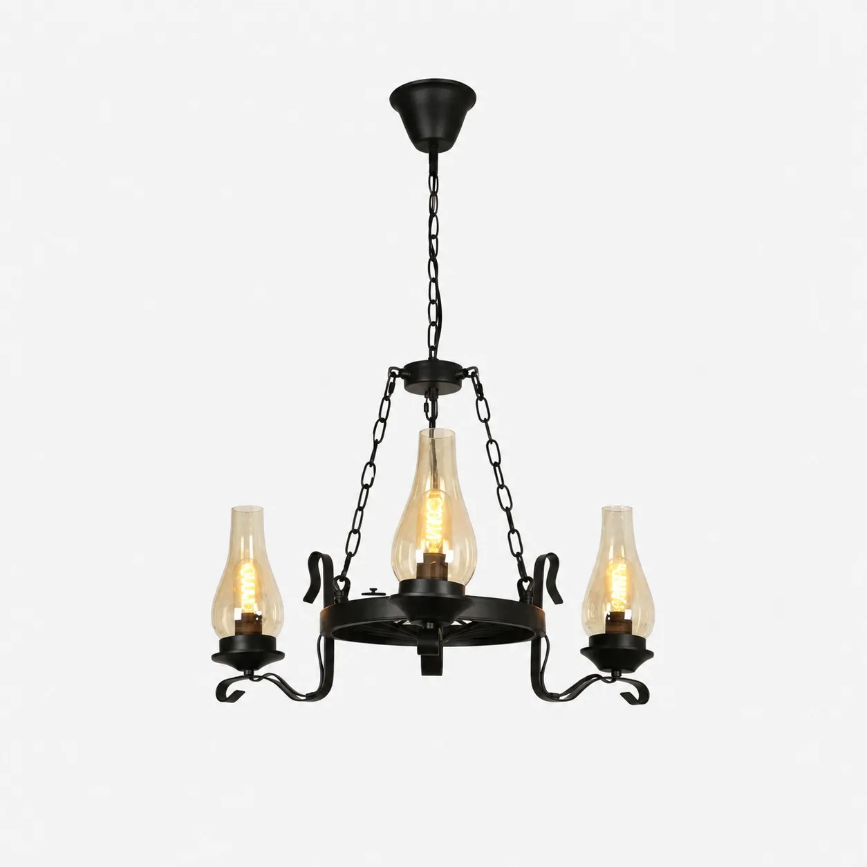 Three-light black iron chandelier with clear hurricane glass shades