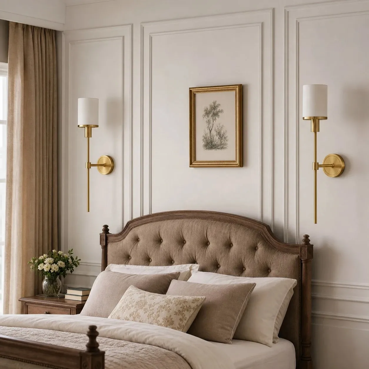 Natural brass wall sconces in a bedroom