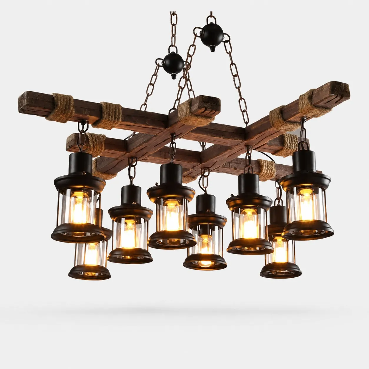 Rustic Wood Beam and Rope 8-Light Chandelier detail image 8