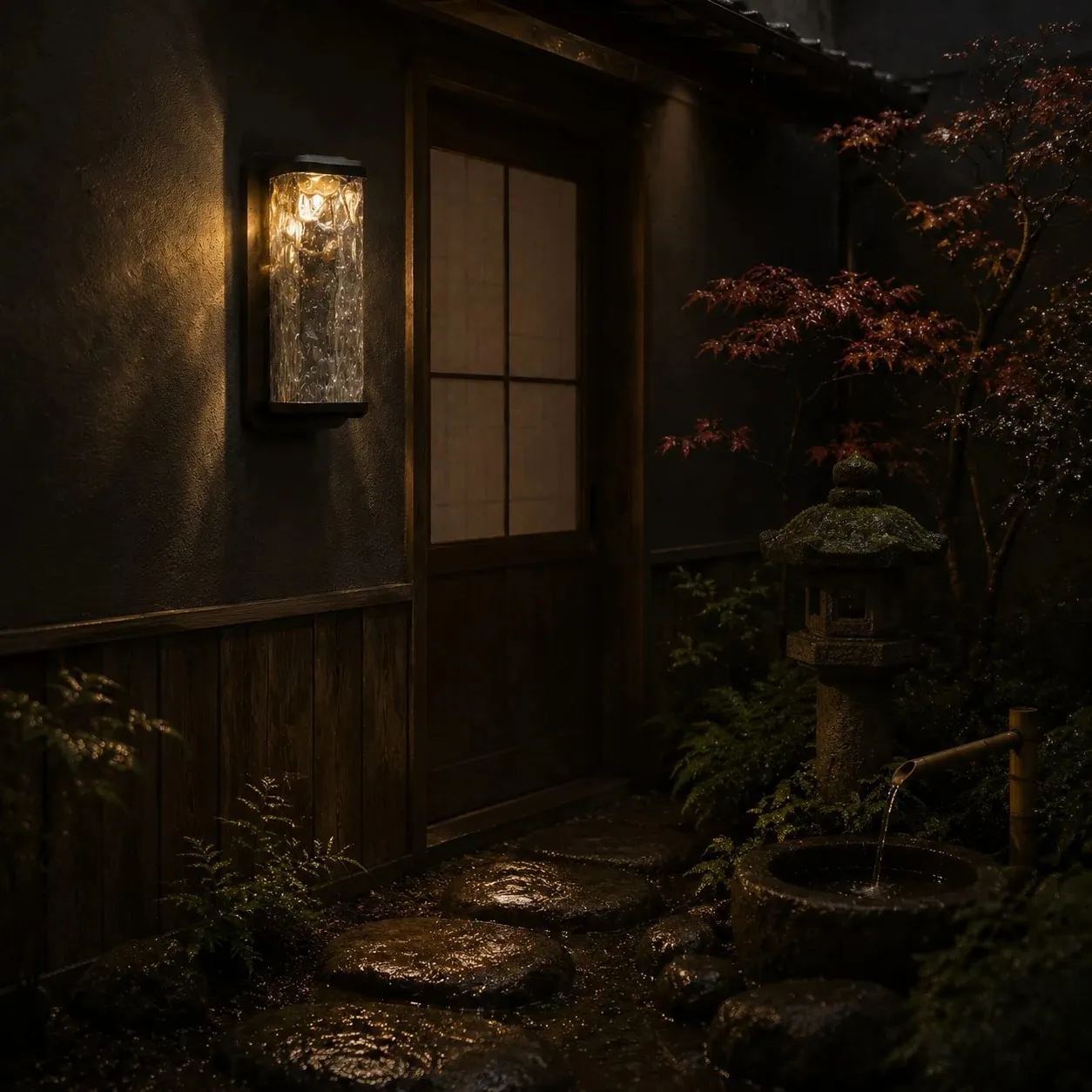 Outdoor wall light on a porch wall with matte black frame