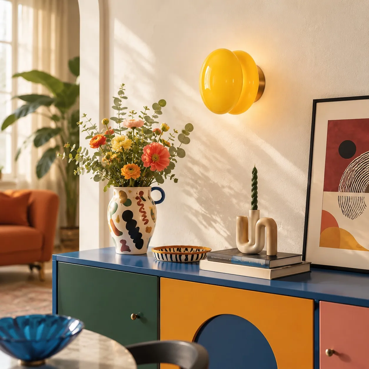 Pyris mustard yellow wall light in a colorful Bauhaus interior