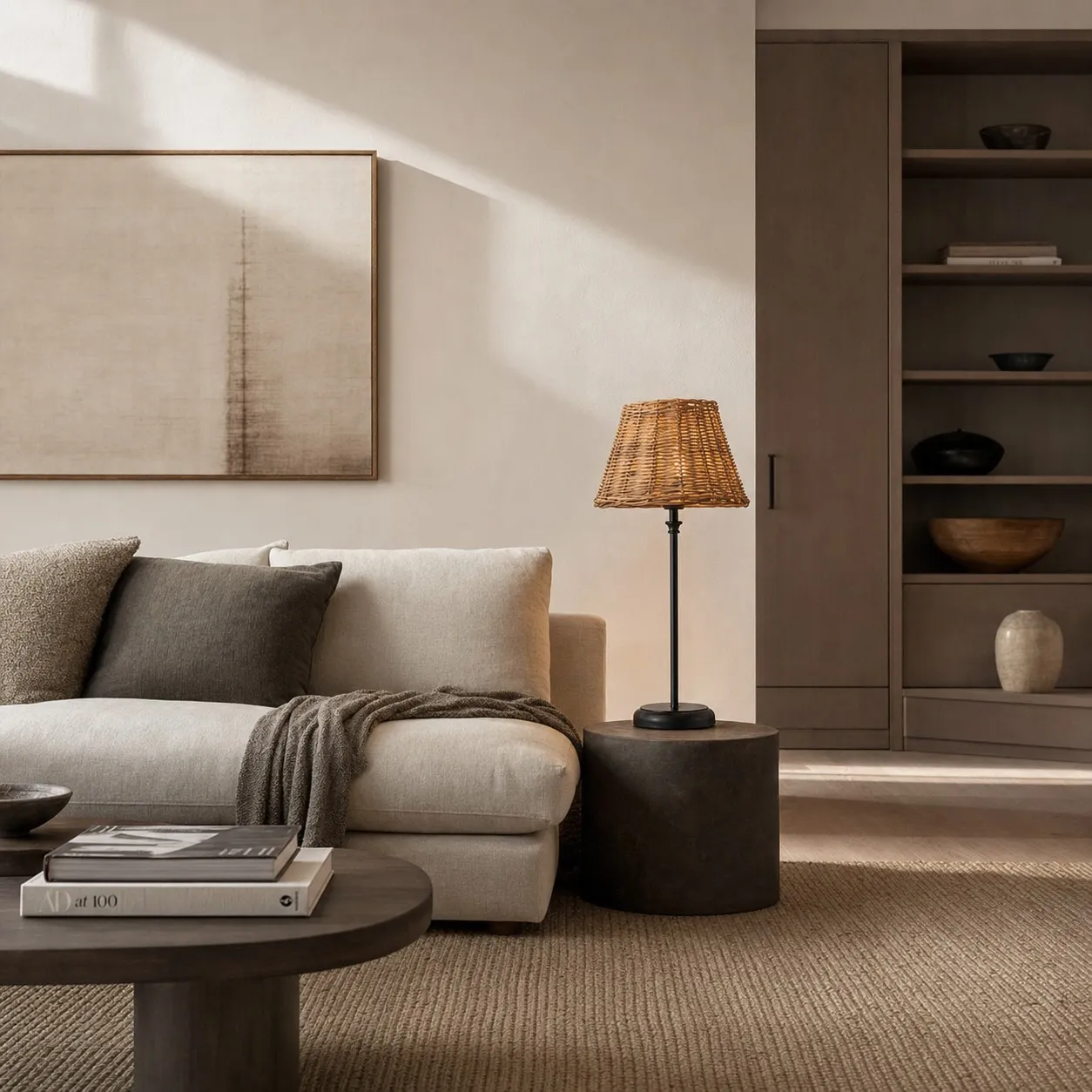 Rattan table lamp in a neutral living room