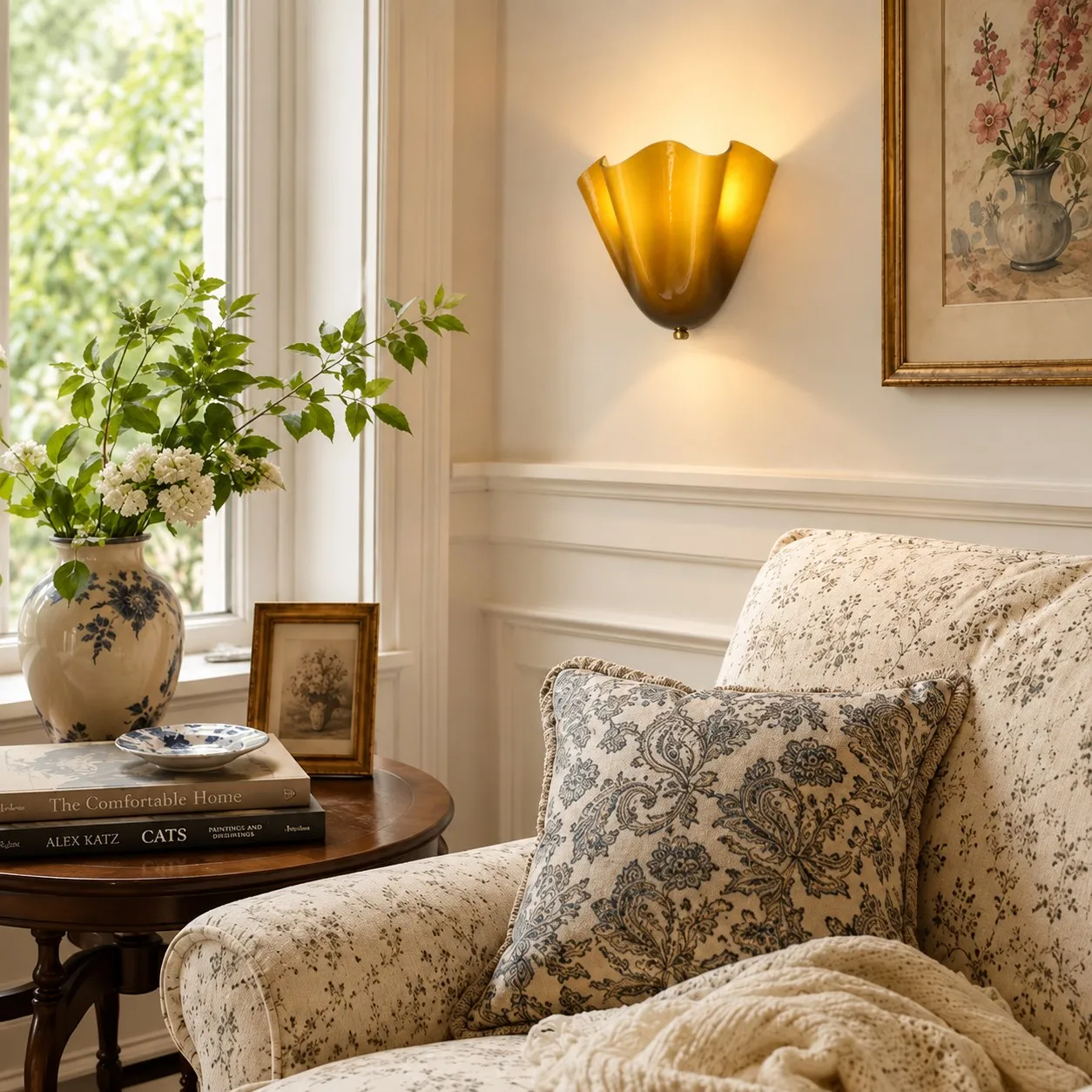 Amber seashell sconce in a living room