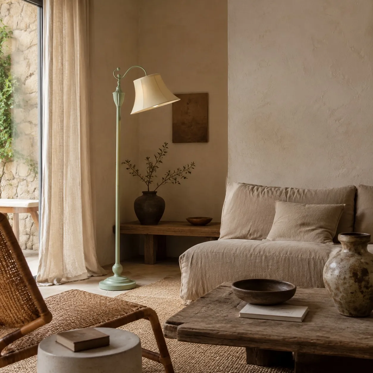 Sage green floor lamp beside a linen sofa and window