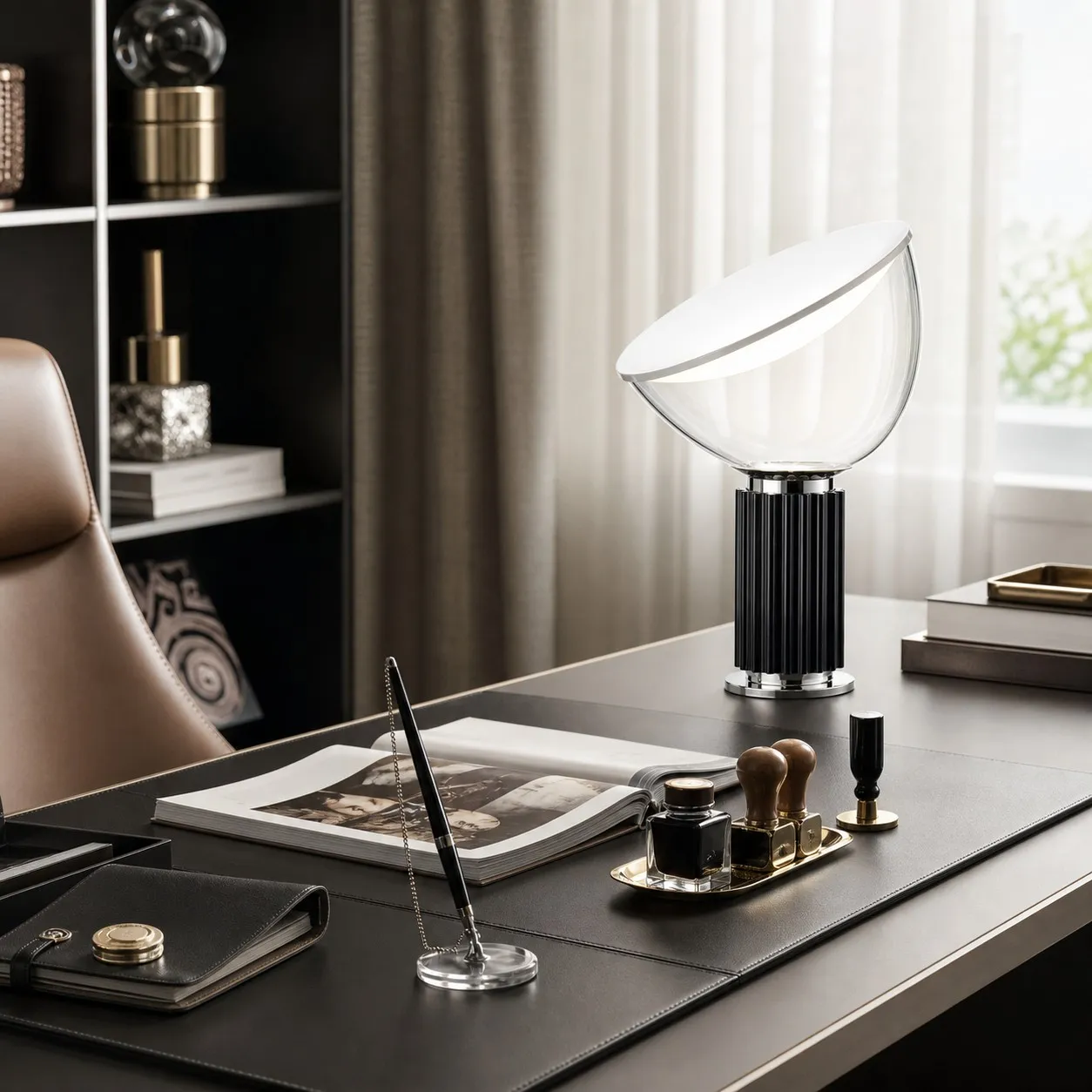 Black Taccia lamp on a refined writing desk