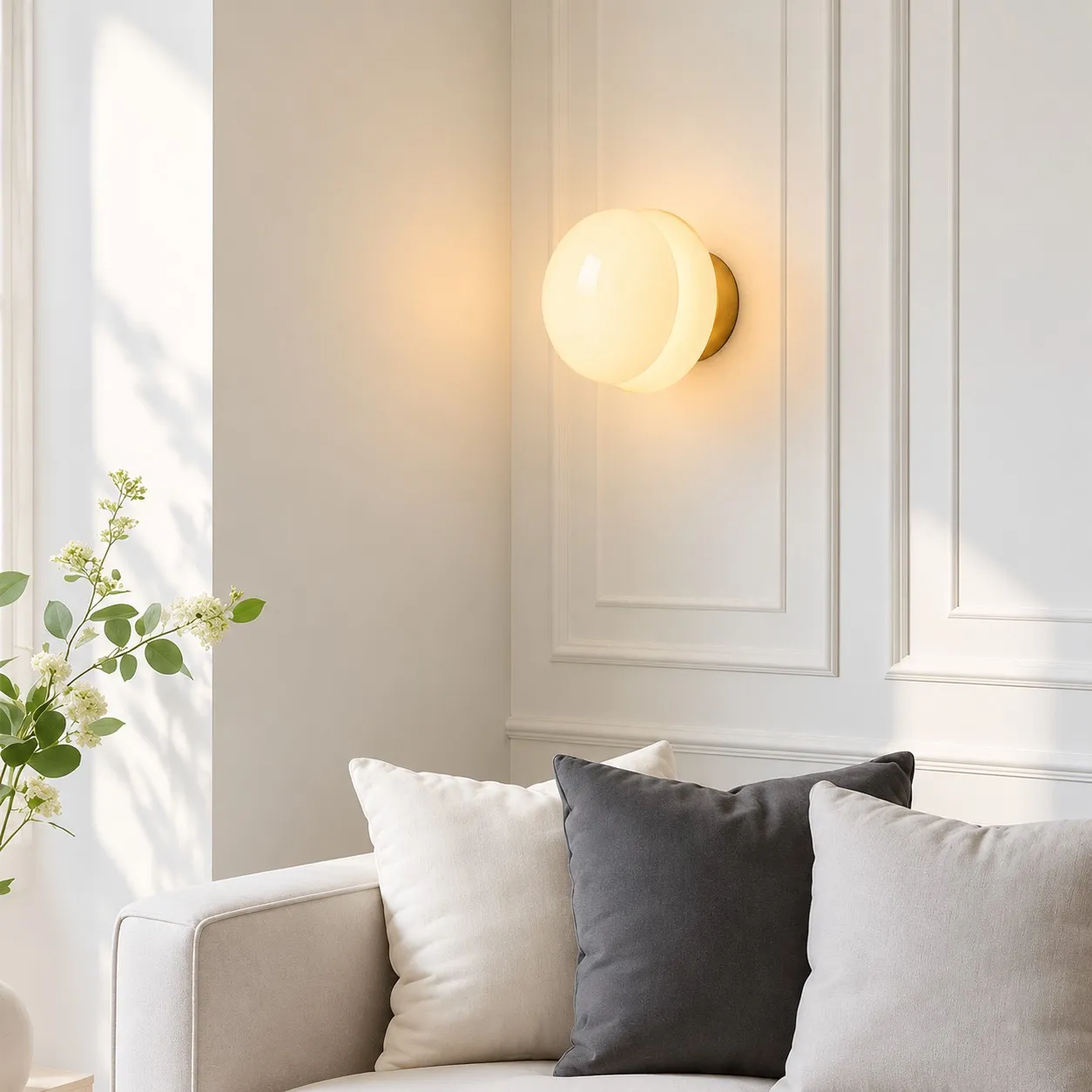 Pyris light yellow opal glass wall light above a neutral sofa