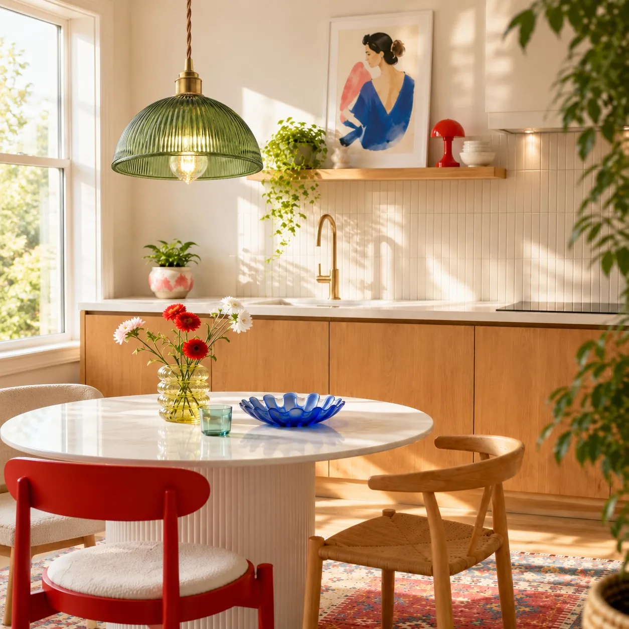 Green pendant light over a kitchen island