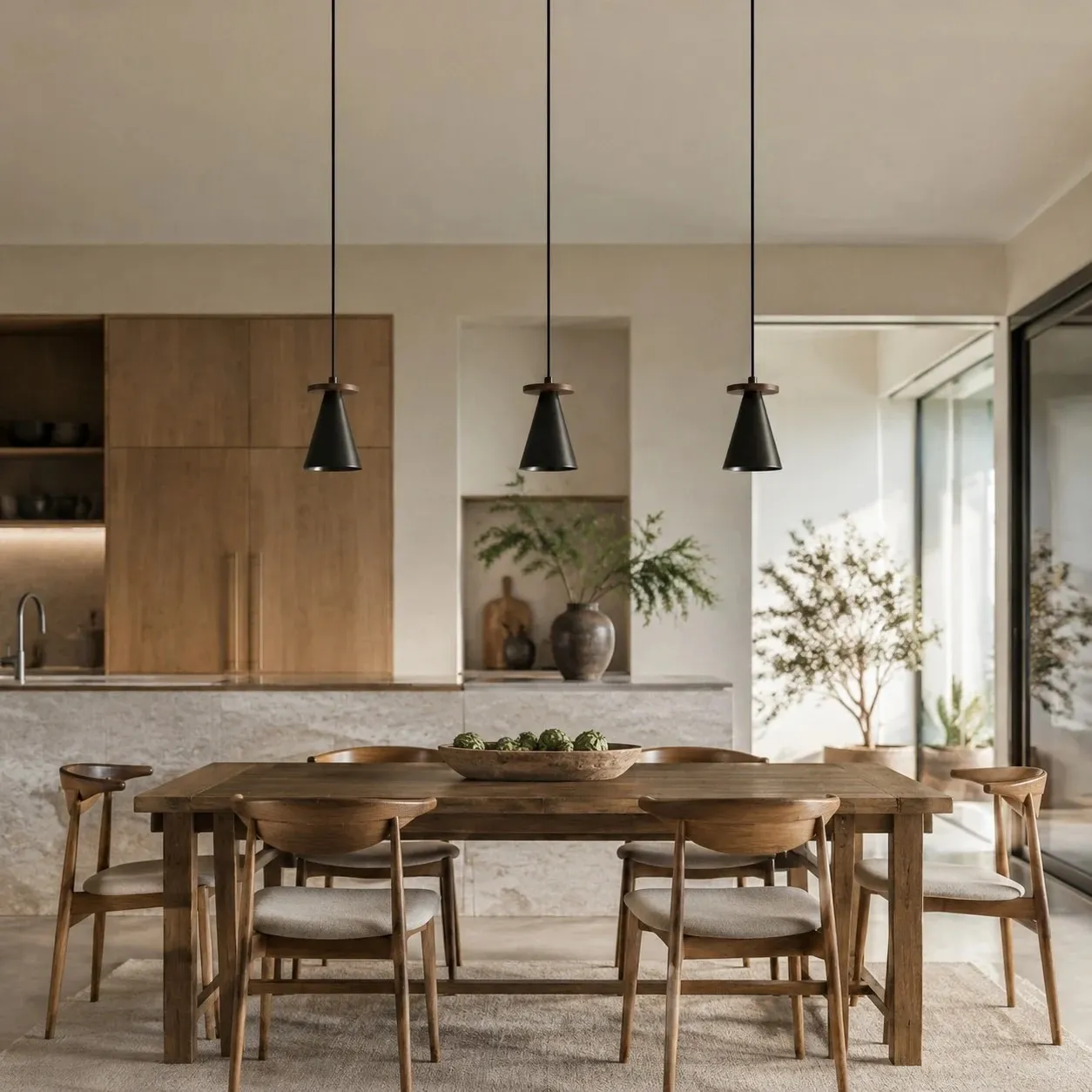 Black walnut pendant light in a hallway setting