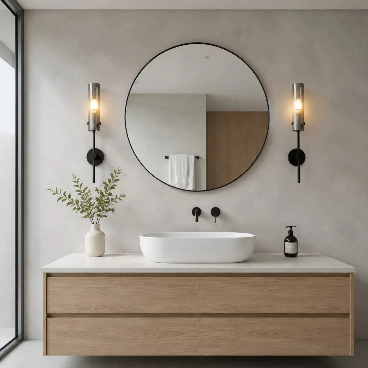 Black copper alabaster wall sconces installed beside a round bathroom mirror