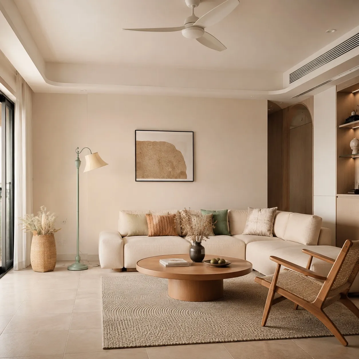 Sage green floor lamp in a calm modern living room