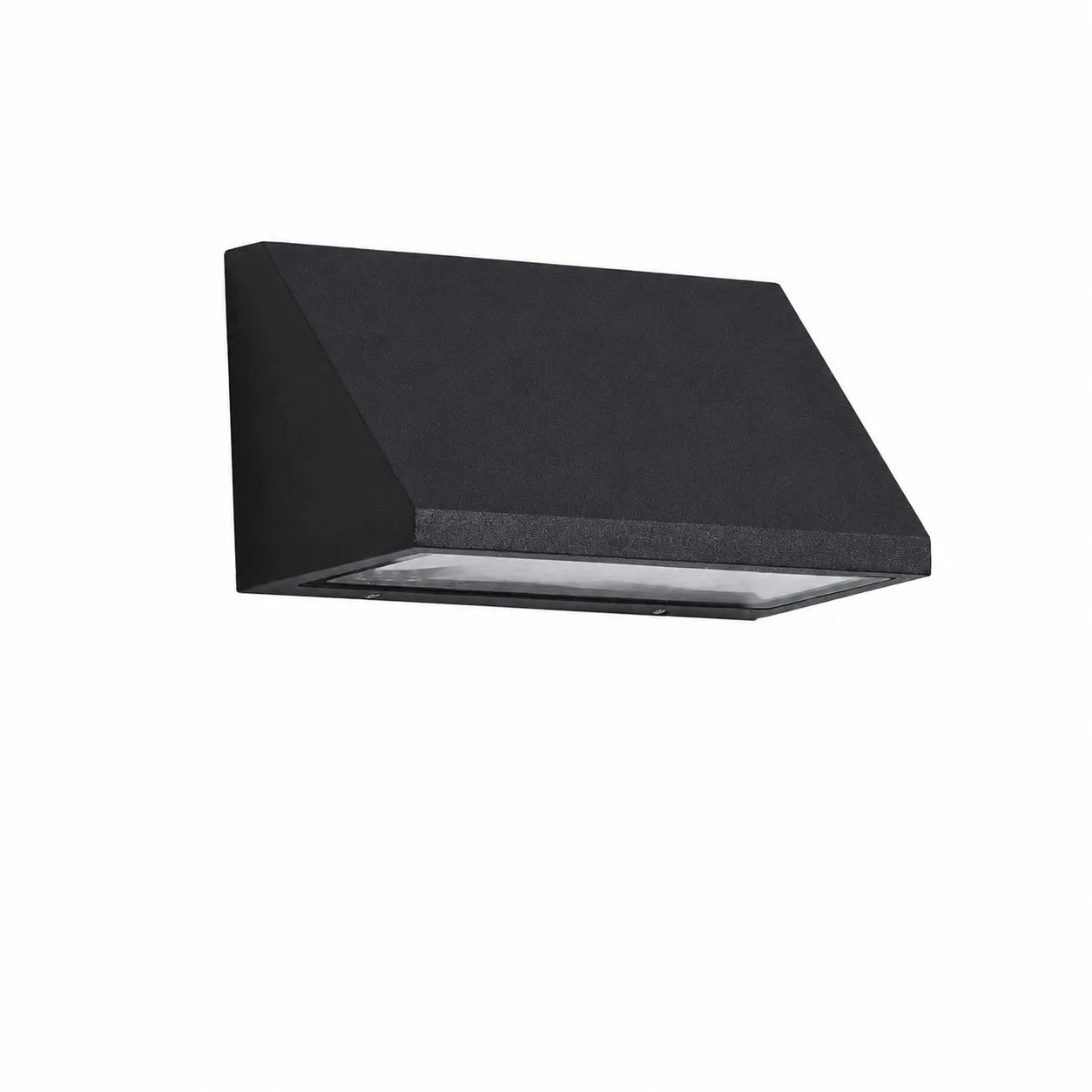 Black outdoor wall light installed on a courtyard wall