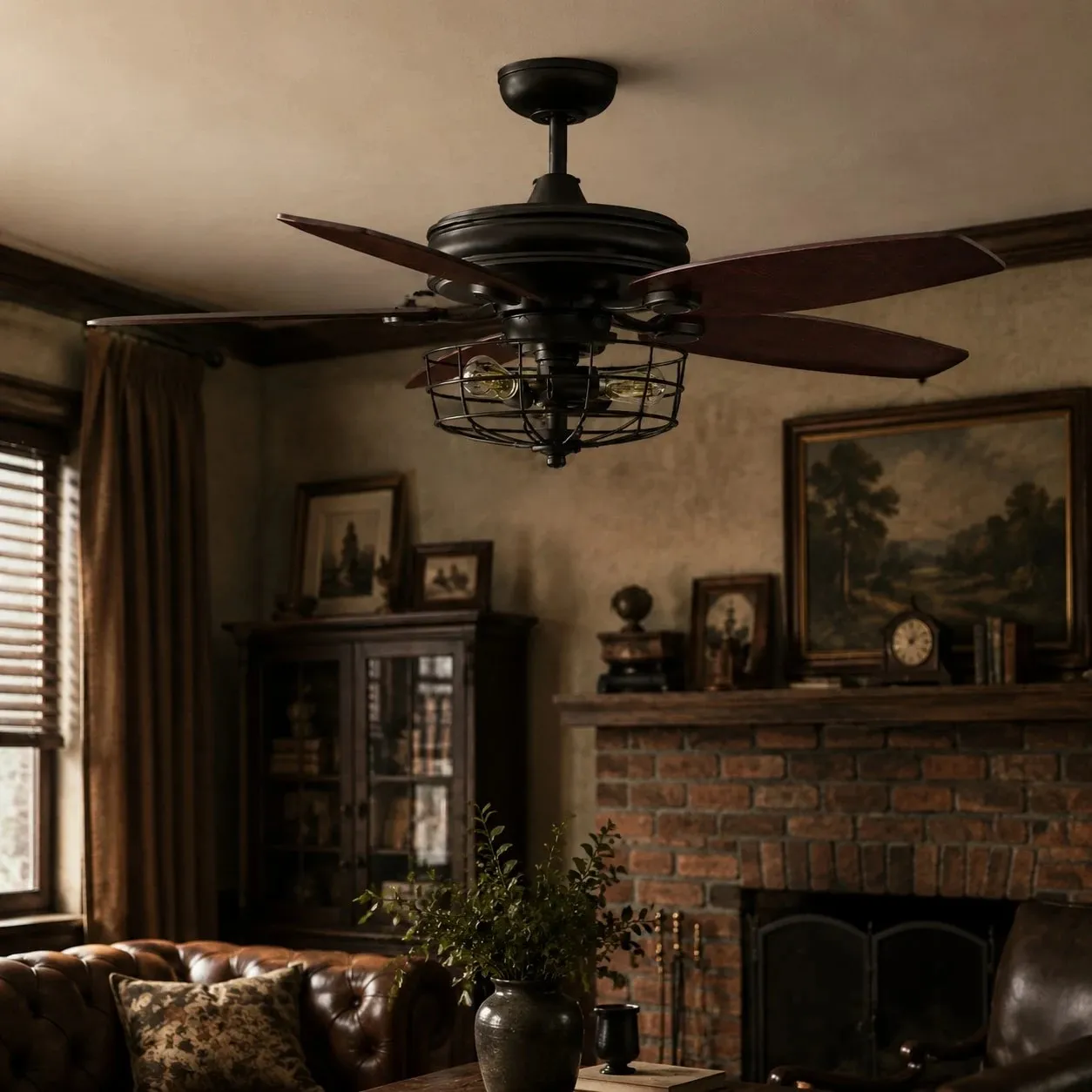 Black wood blade ceiling fan light in a vintage room