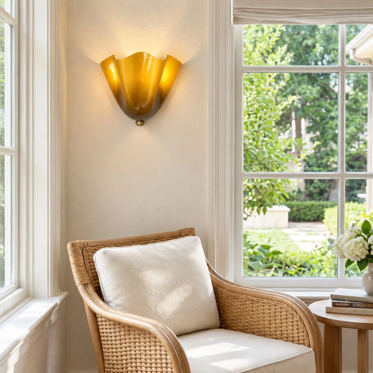 Green seashell sconce beside a window