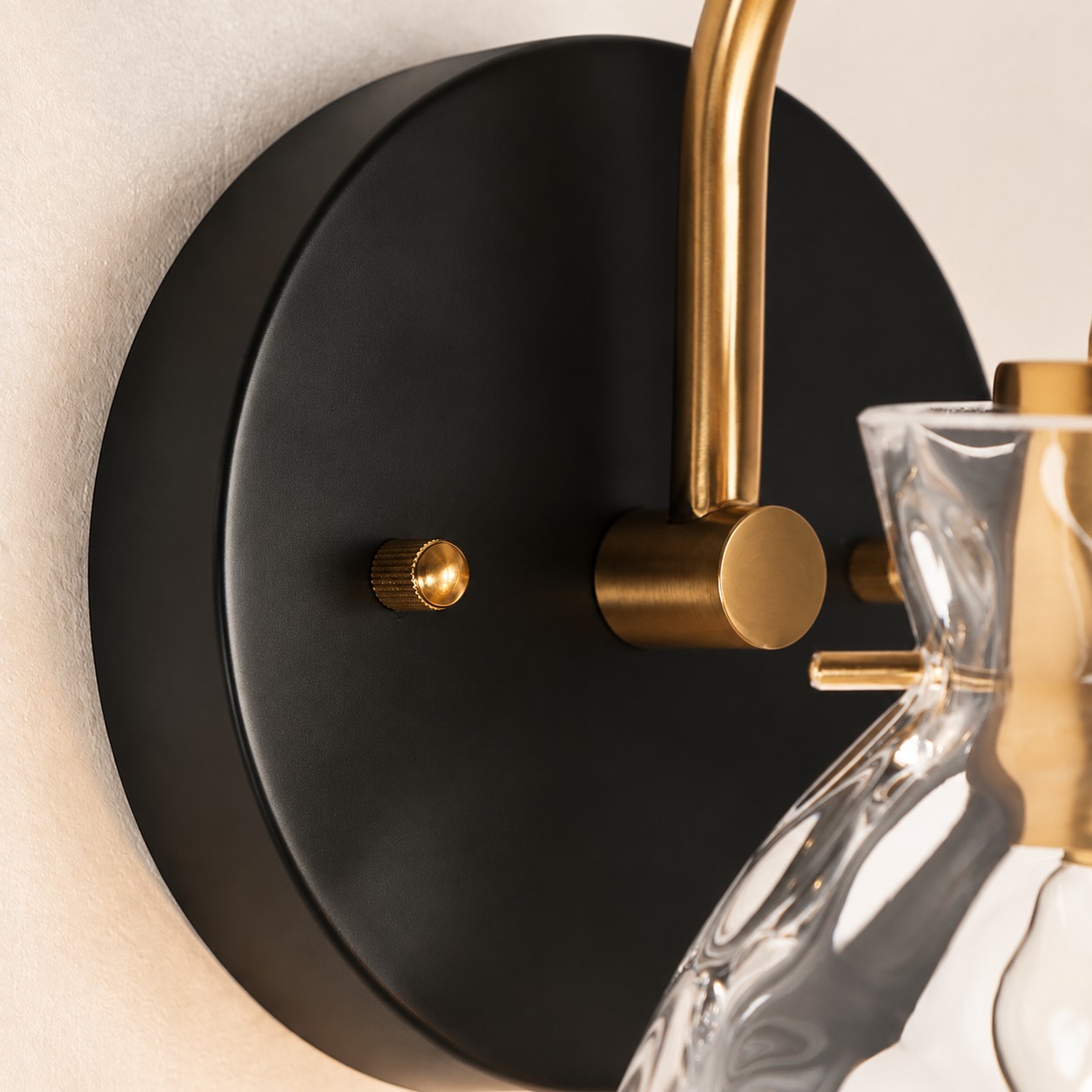 Textured Glass Wall Sconce with a clear shade and a curved arm