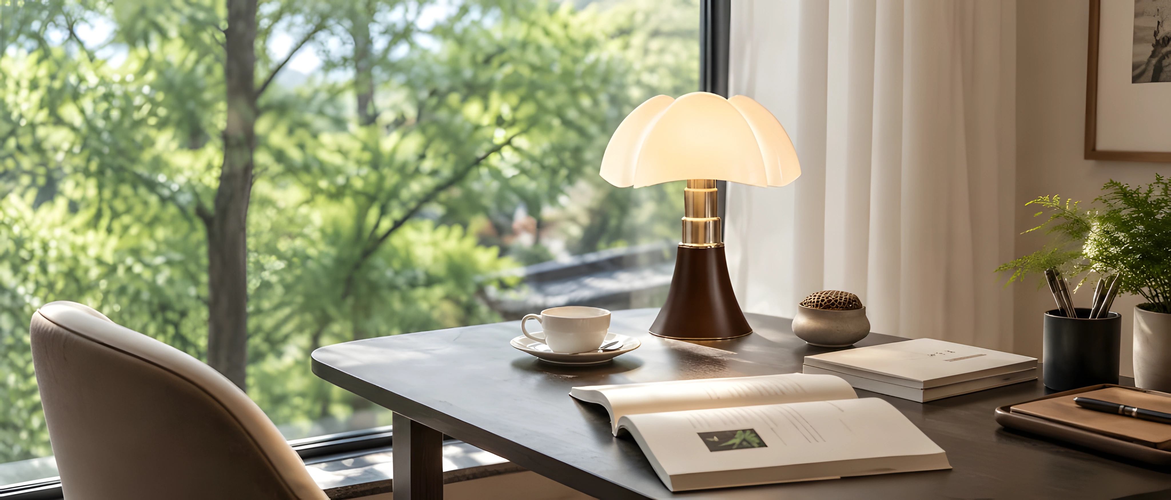 Dark brown petal shade table lamp on a desk by a window
