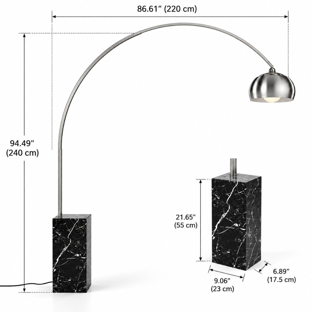 Curved floor lamp dimensions, height 94.5 inches / 240 cm, width 86.6 inches / 220 cm