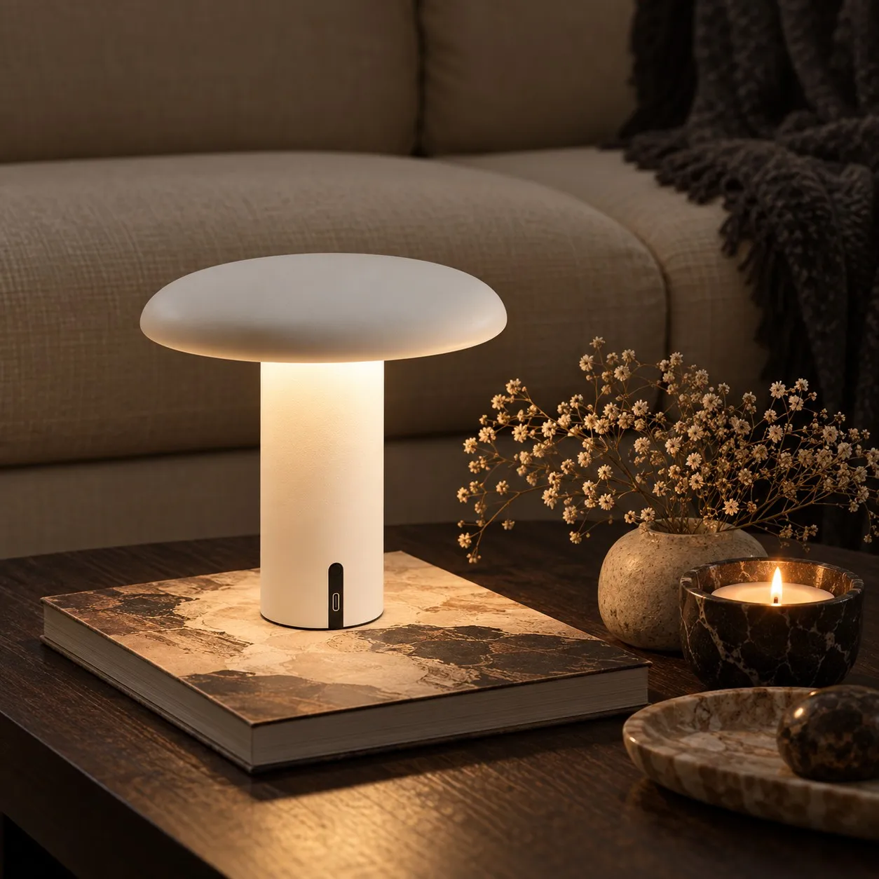 White Takku portable table lamp beside a bed