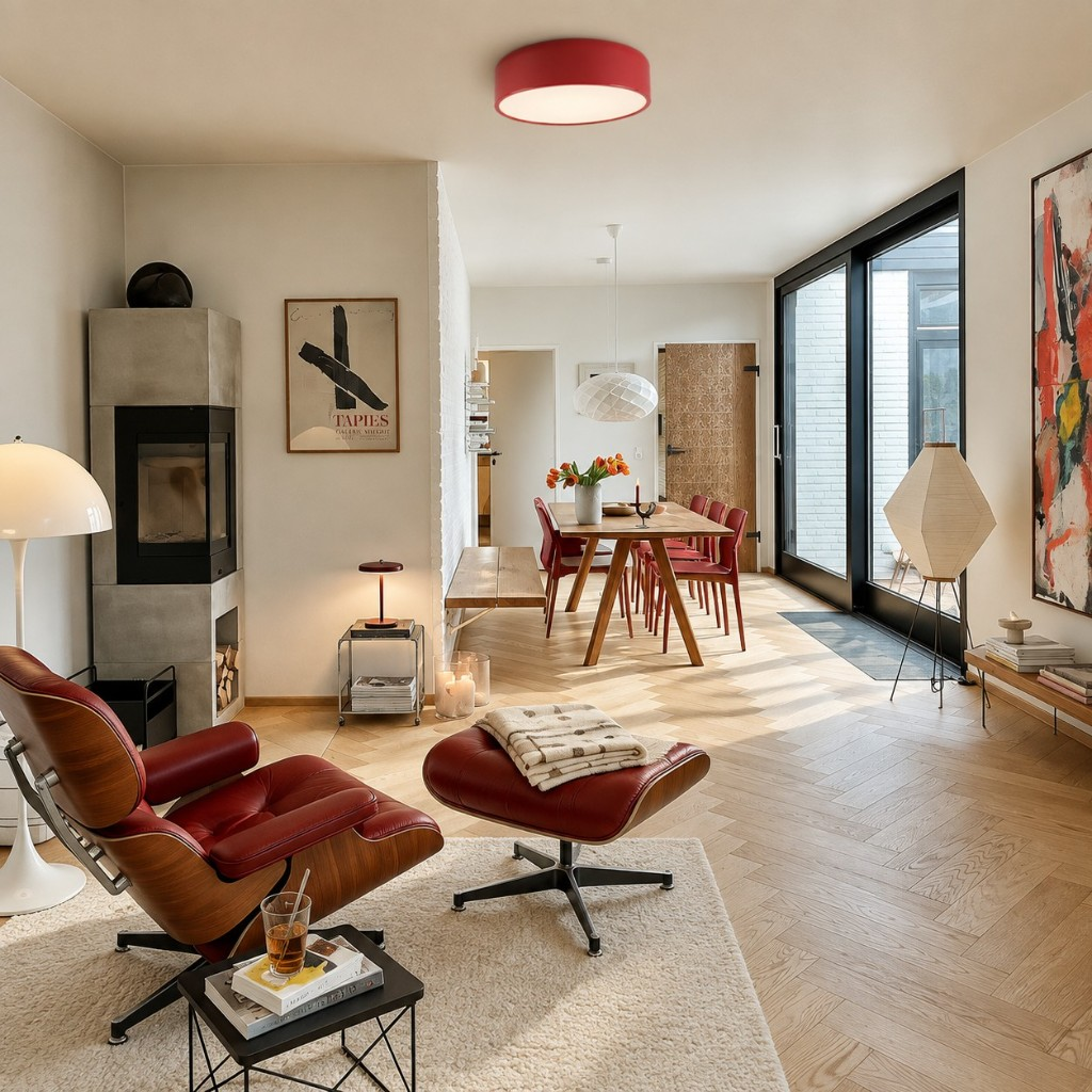 Red drum ceiling light in a living and dining room