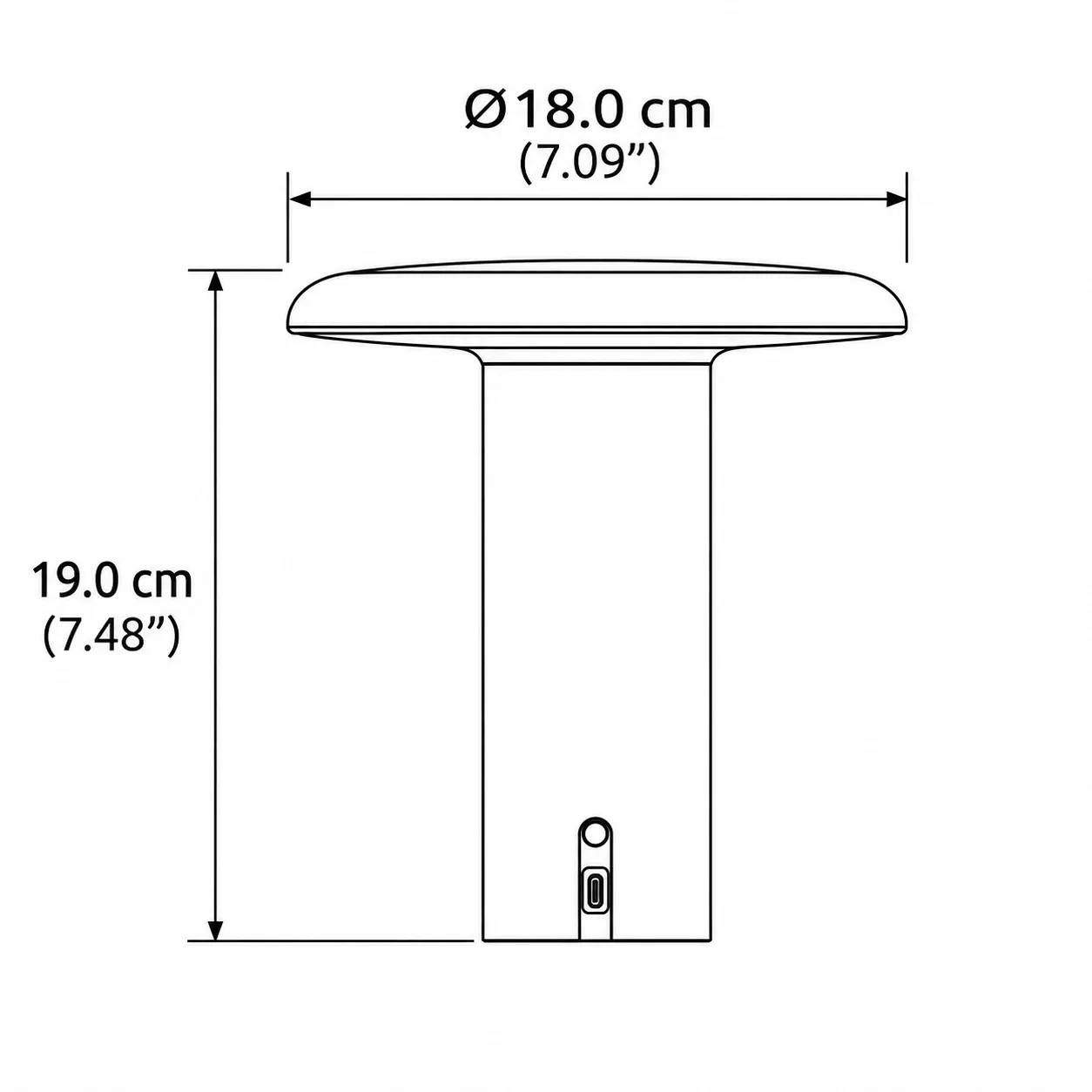 Takku portable table lamp dimensions, diameter 18 cm / 7.09 inches, height 19 cm / 7.48 inches