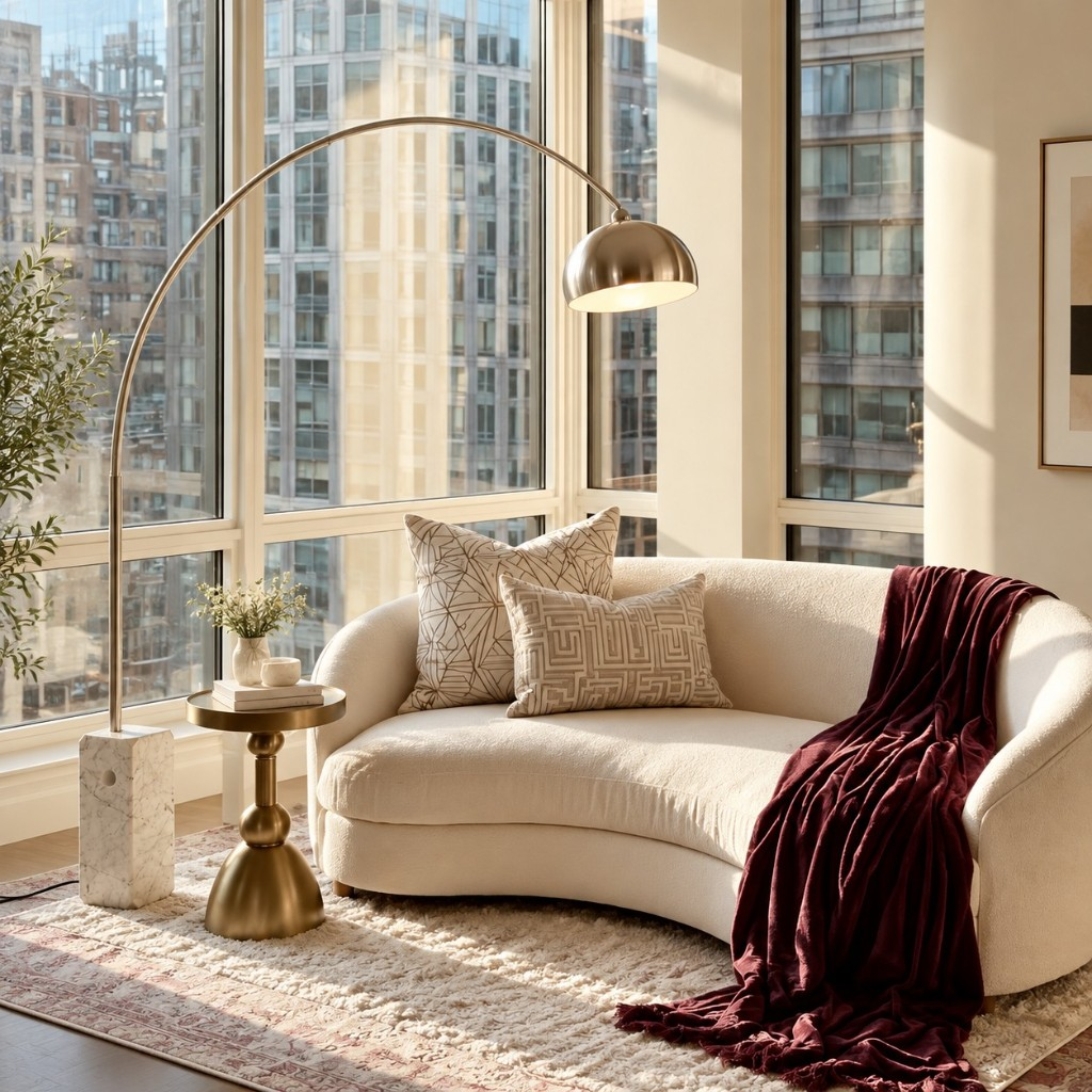 White marble base curved floor lamp beside a curved sofa