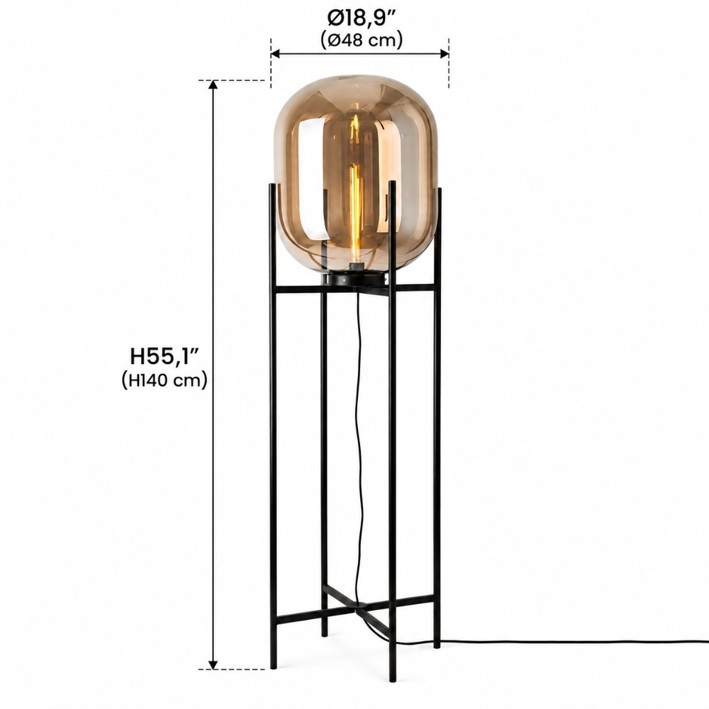 Glass globe floor lamp dimensions: diameter 18.9 inches, height 55.1 inches