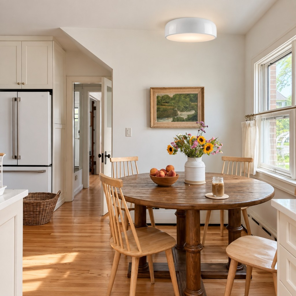 Milk white drum ceiling light above a dining table