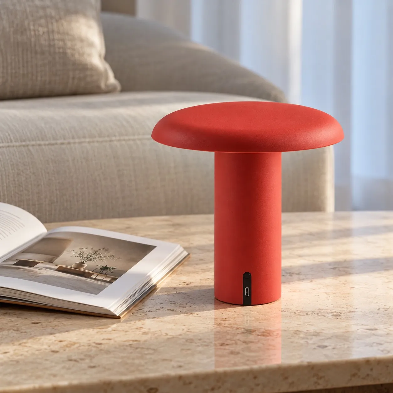 Red Takku portable table lamp on a living room table