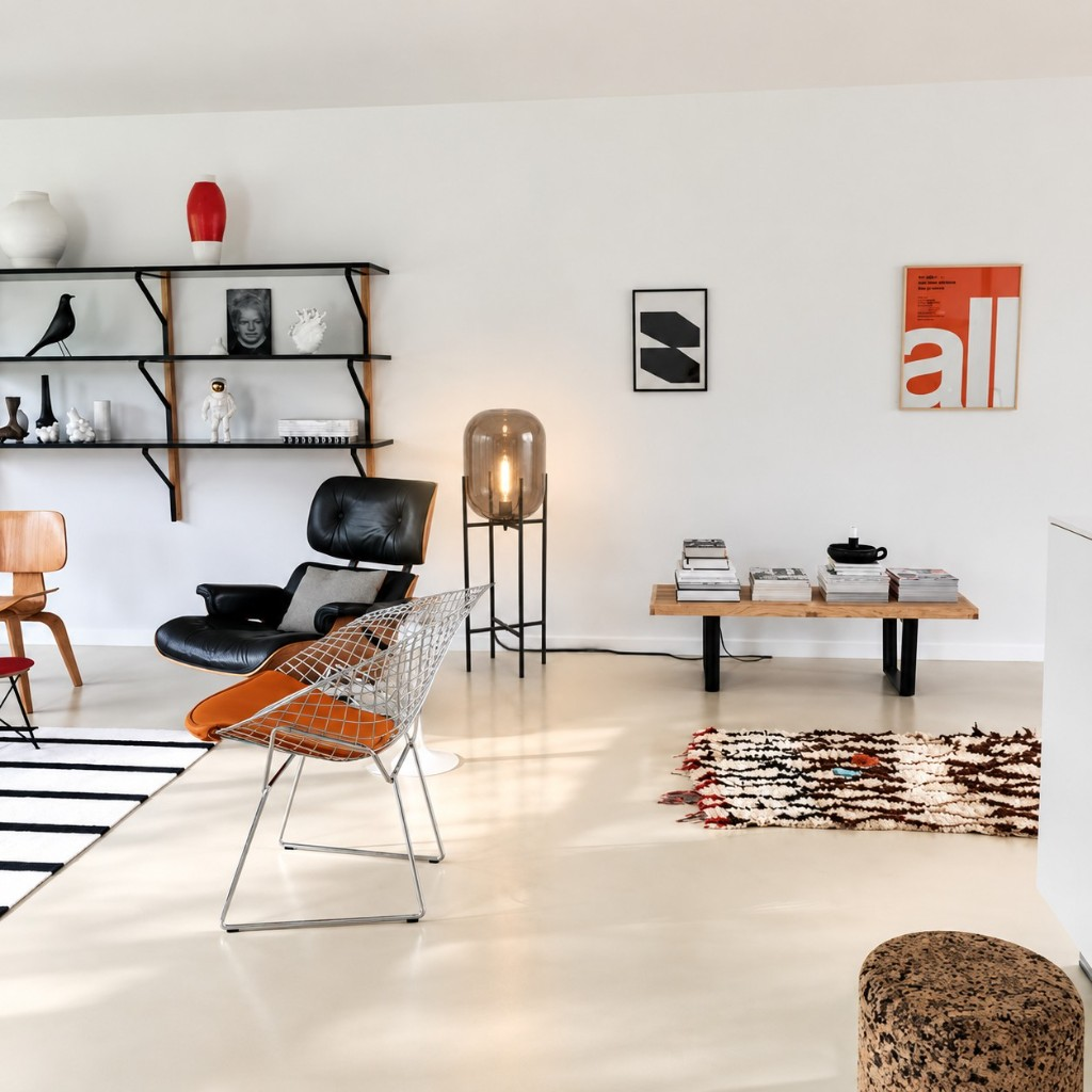Grey glass globe floor lamp in a white living room