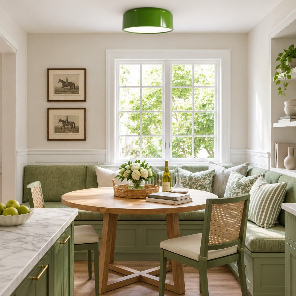 Green drum ceiling light above a dining nook