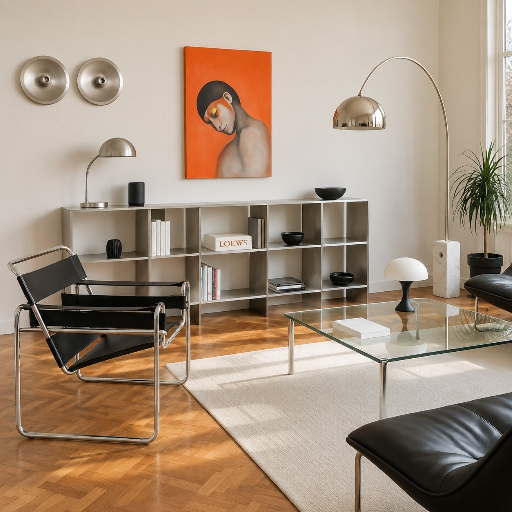 White marble base curved floor lamp in a modern living room