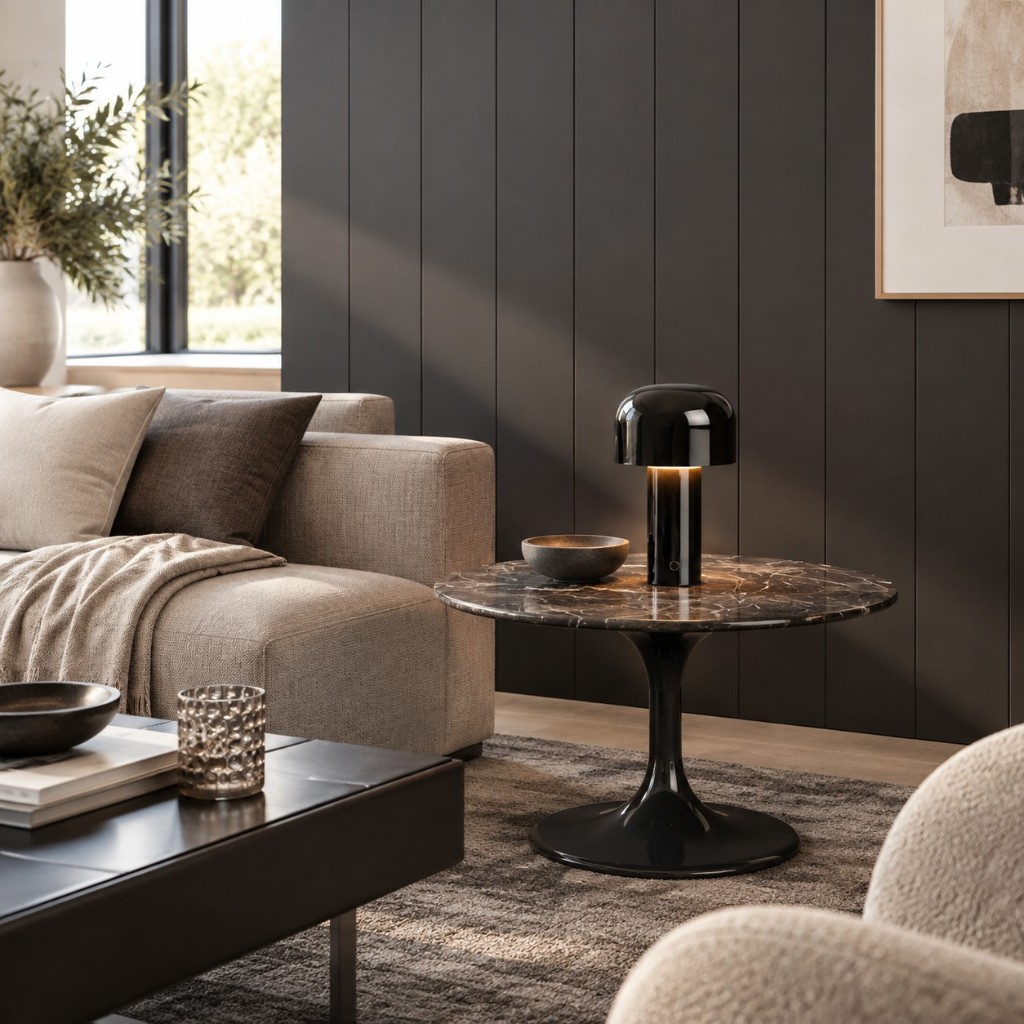 Glossy black mushroom table lamp on a marble side table