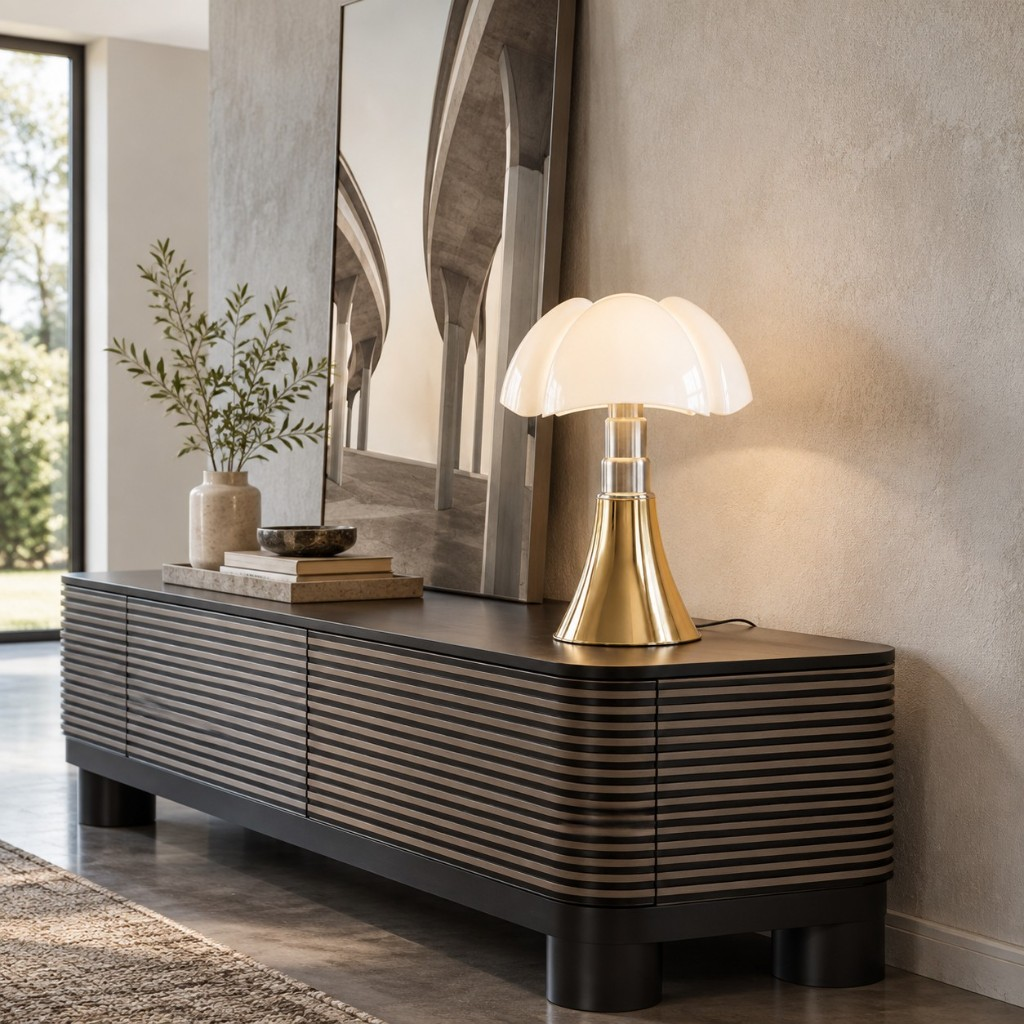 Gold petal shade table lamp on a sideboard