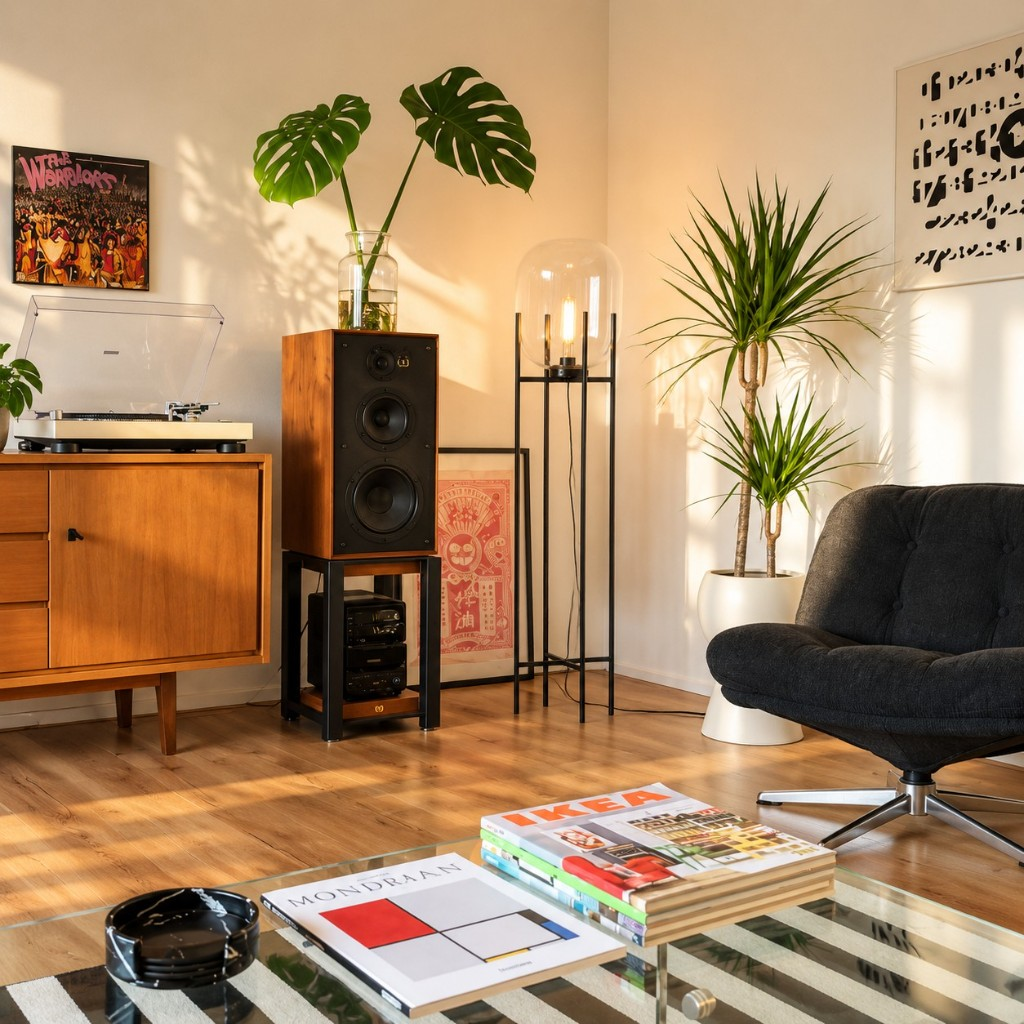 Transparent glass globe floor lamp beside a turntable