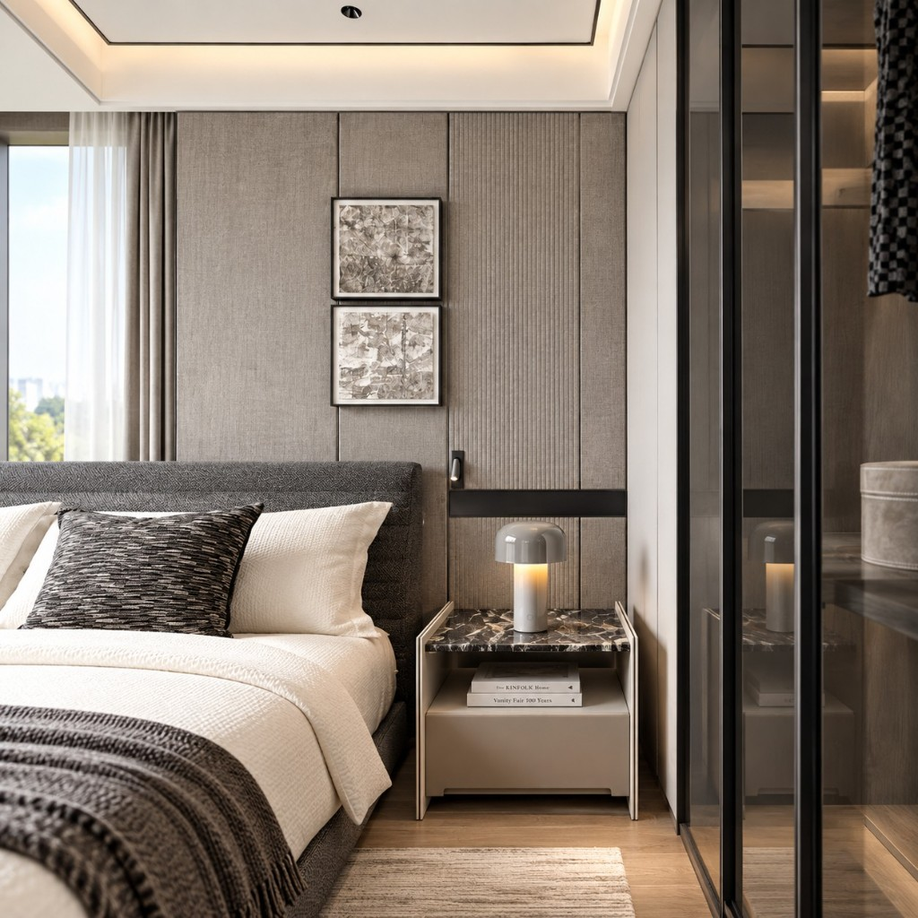 Gray mushroom table lamp on a bedside table