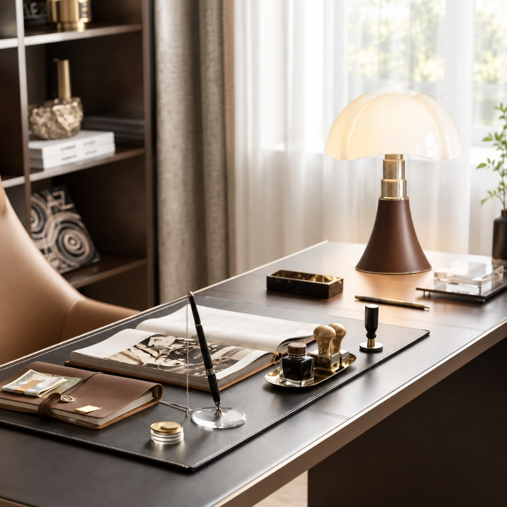 Dark brown petal shade table lamp on an office desk