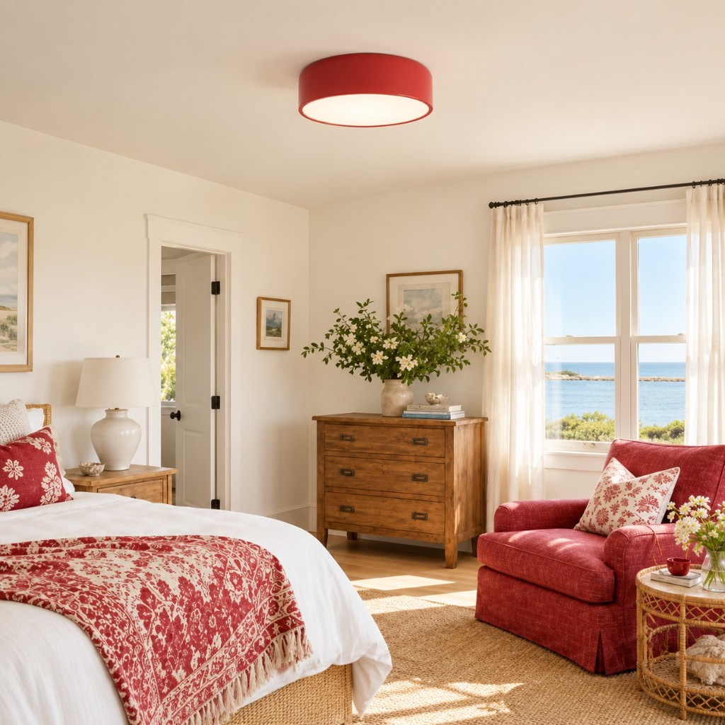 Red drum ceiling light in a bedroom