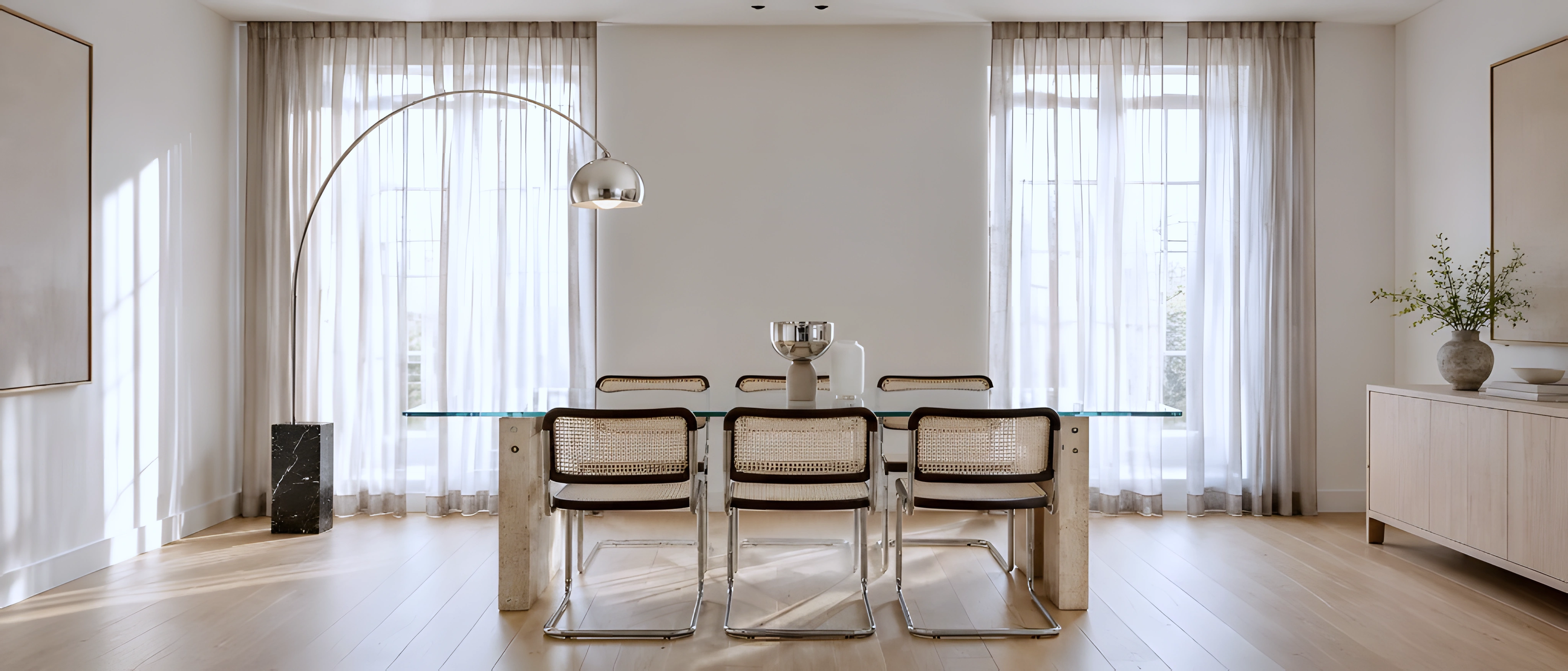 Black marble base curved floor lamp in a dining room