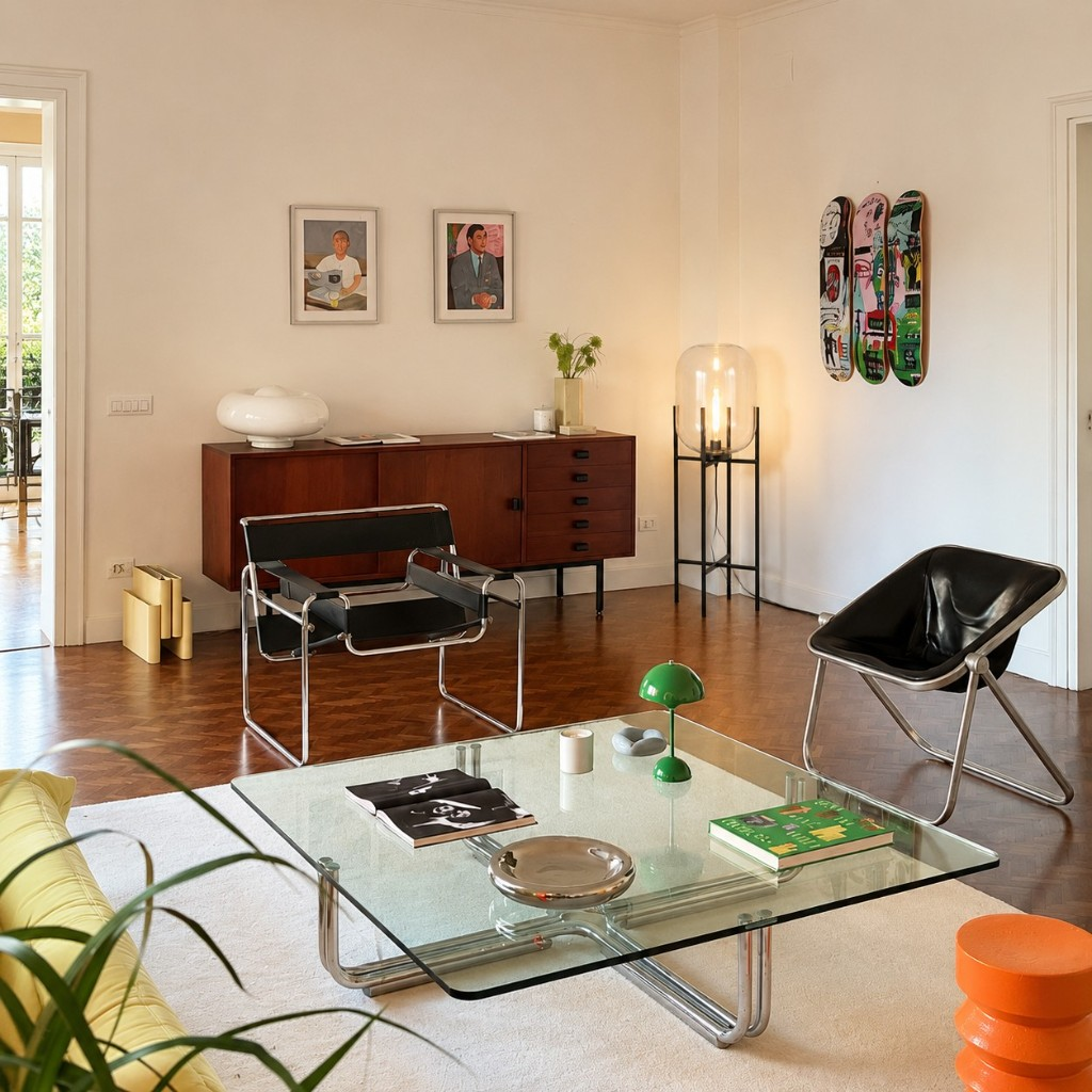 Transparent glass globe floor lamp in a colorful living room