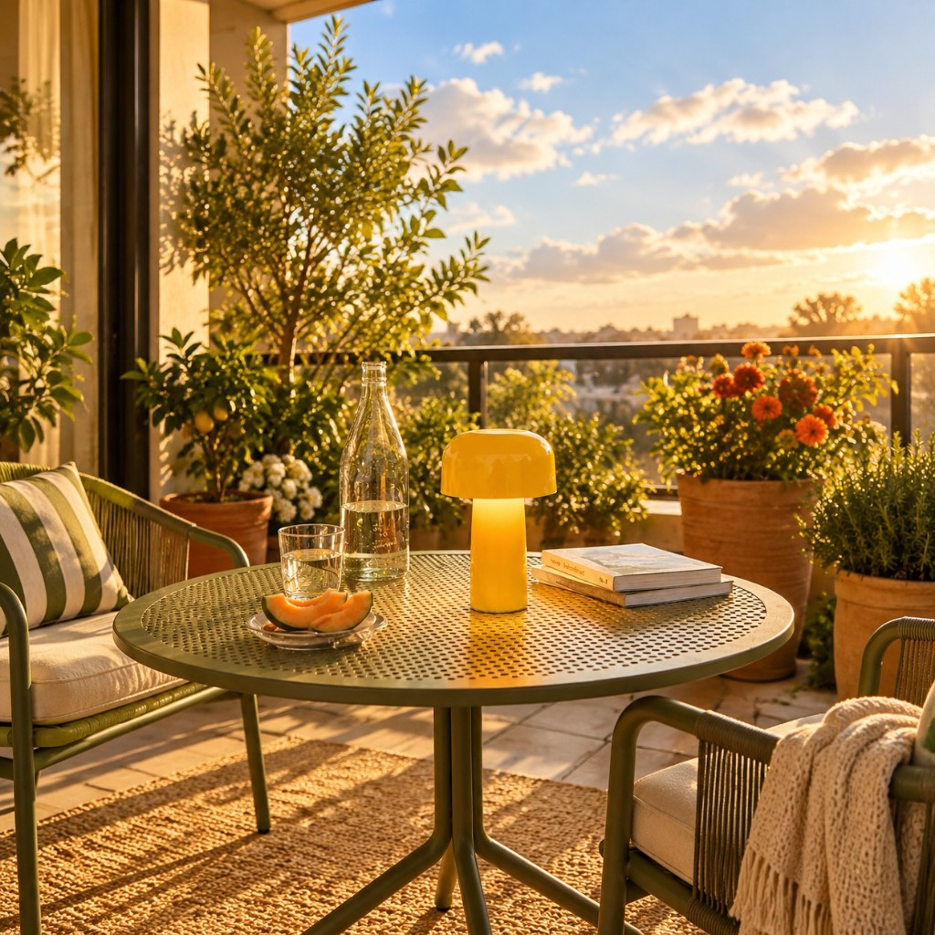 Yellow mushroom table lamp on a terrace table
