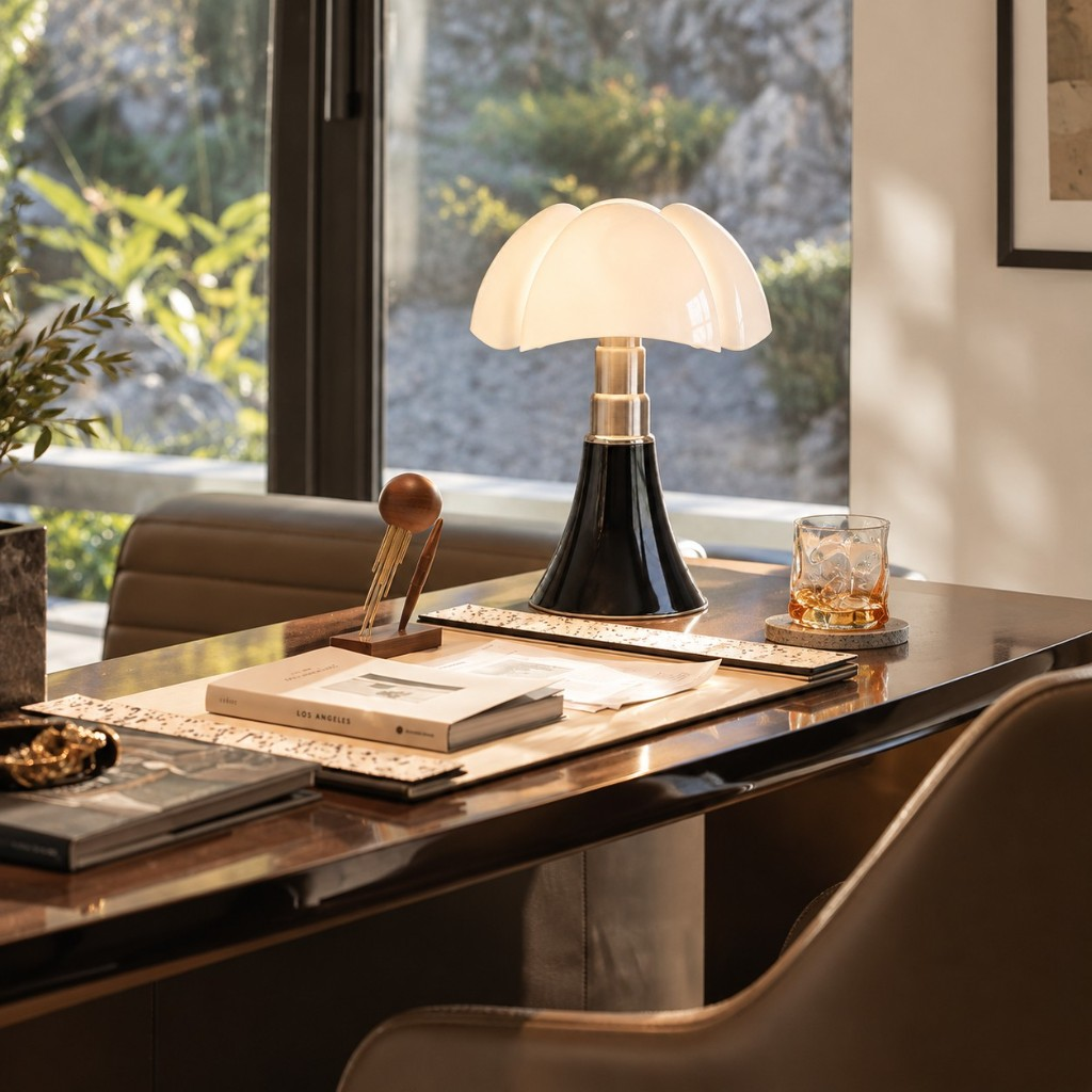 Titanium petal shade table lamp on a desk