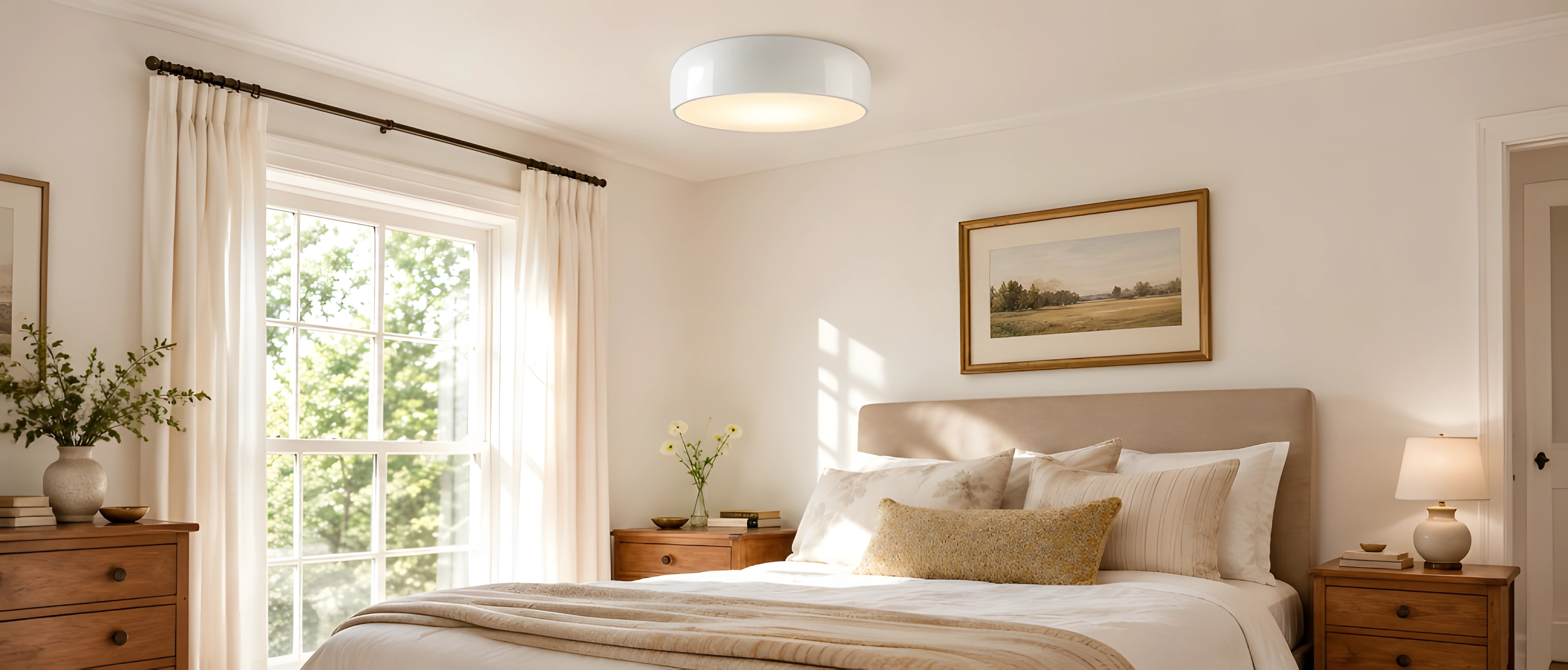 Milk white drum ceiling light above a bed