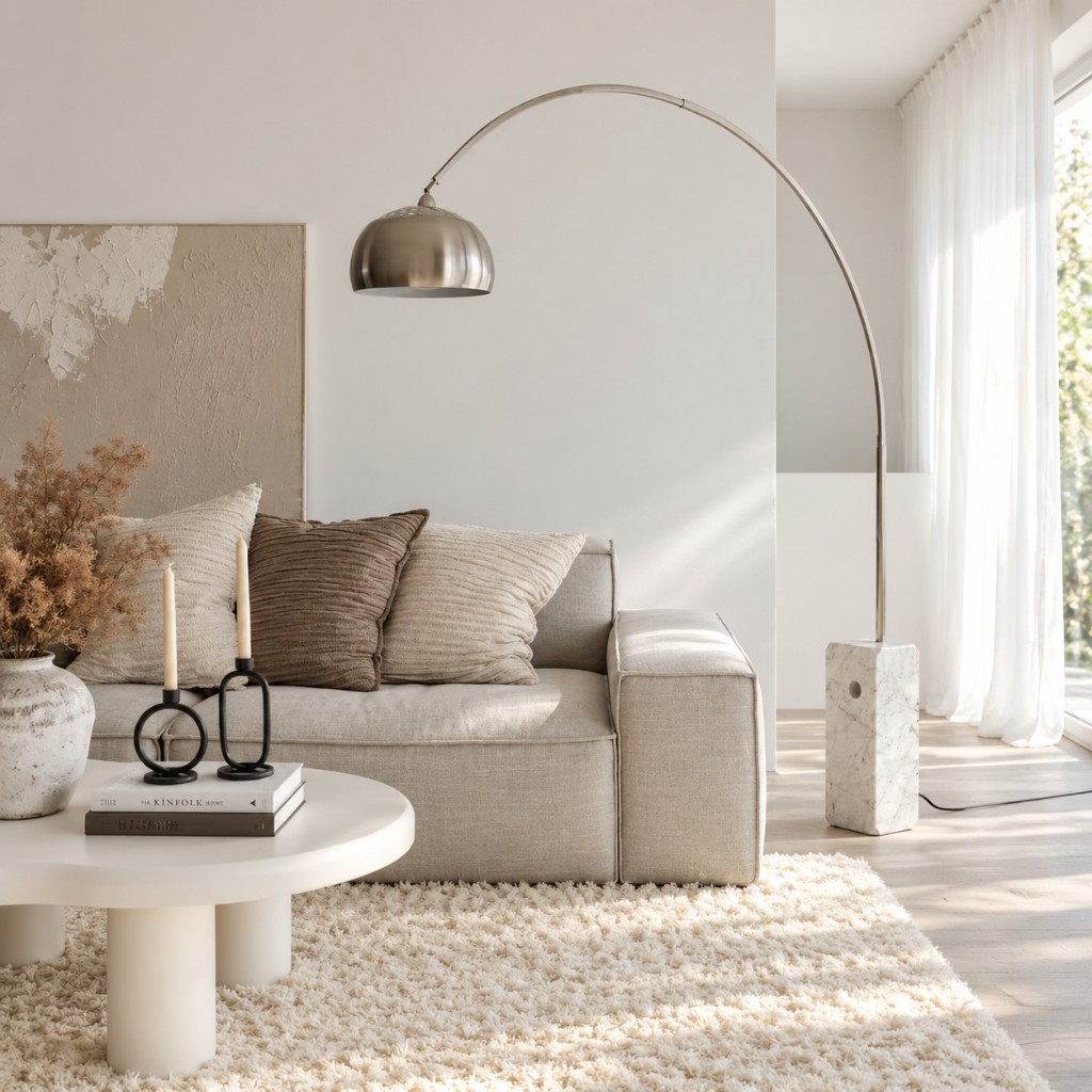 White marble base curved floor lamp in a beige living room
