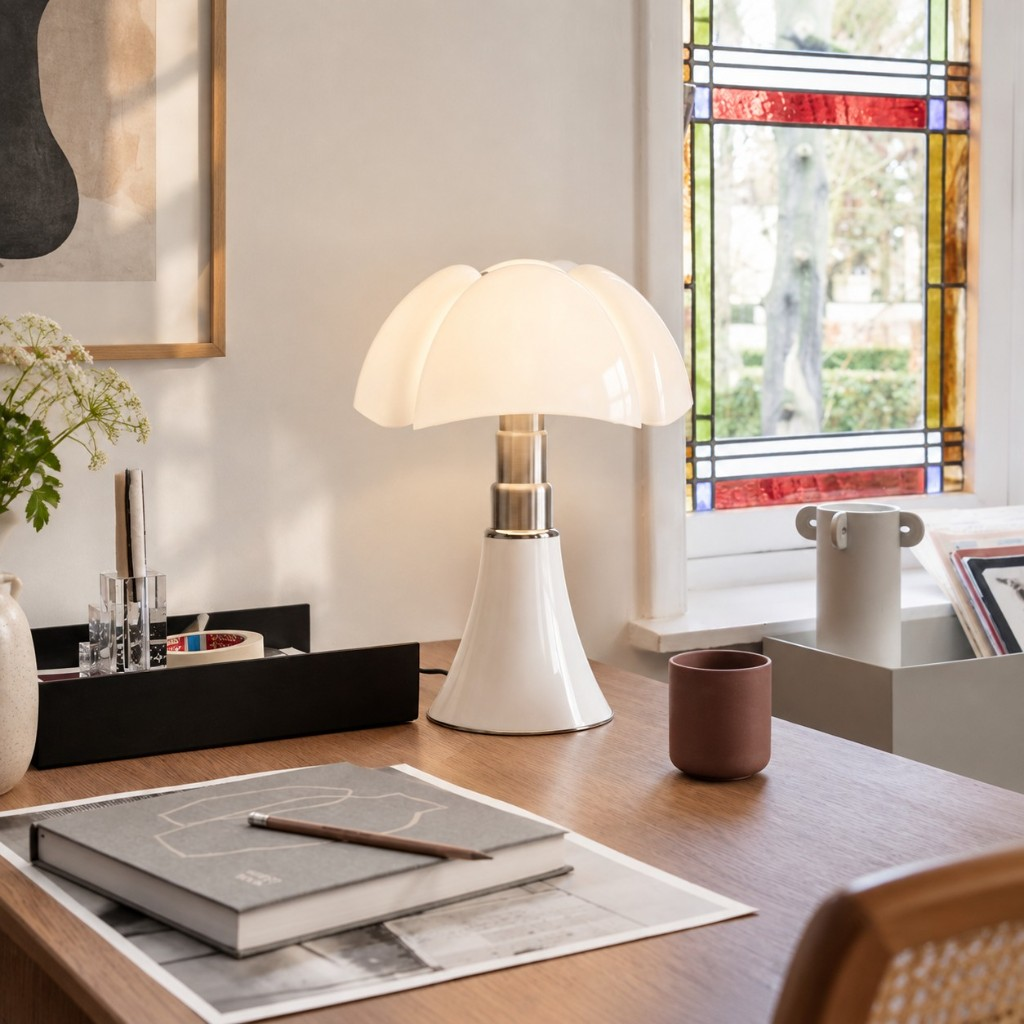 White petal shade table lamp on a desk
